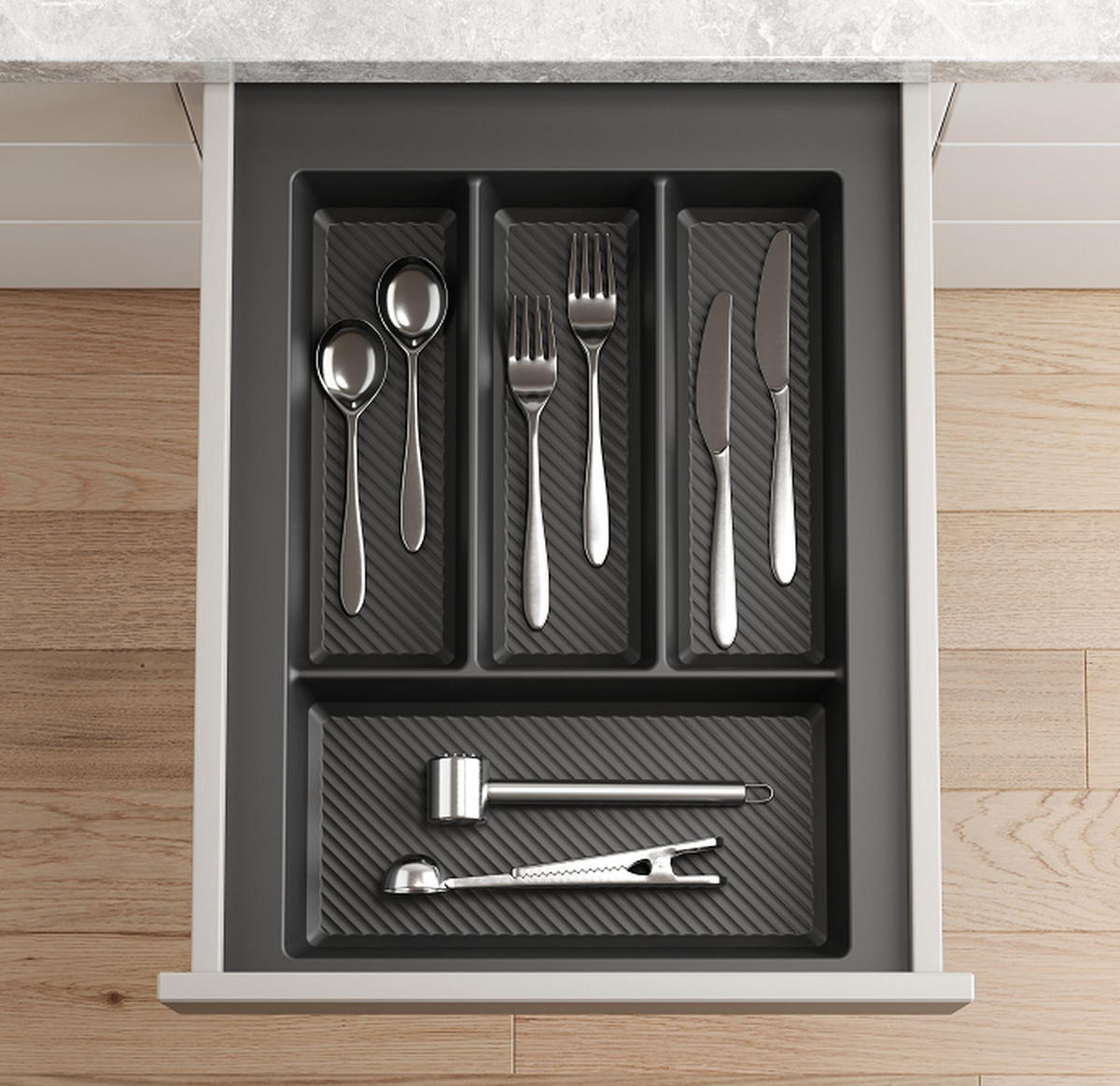 BESTECKEINSATZ kürzbar, Breite 29-35cm, Schublade 40cm, Tiefe 42-49cm - Anthrazit, Kunststoff (35/5.5/49cm)