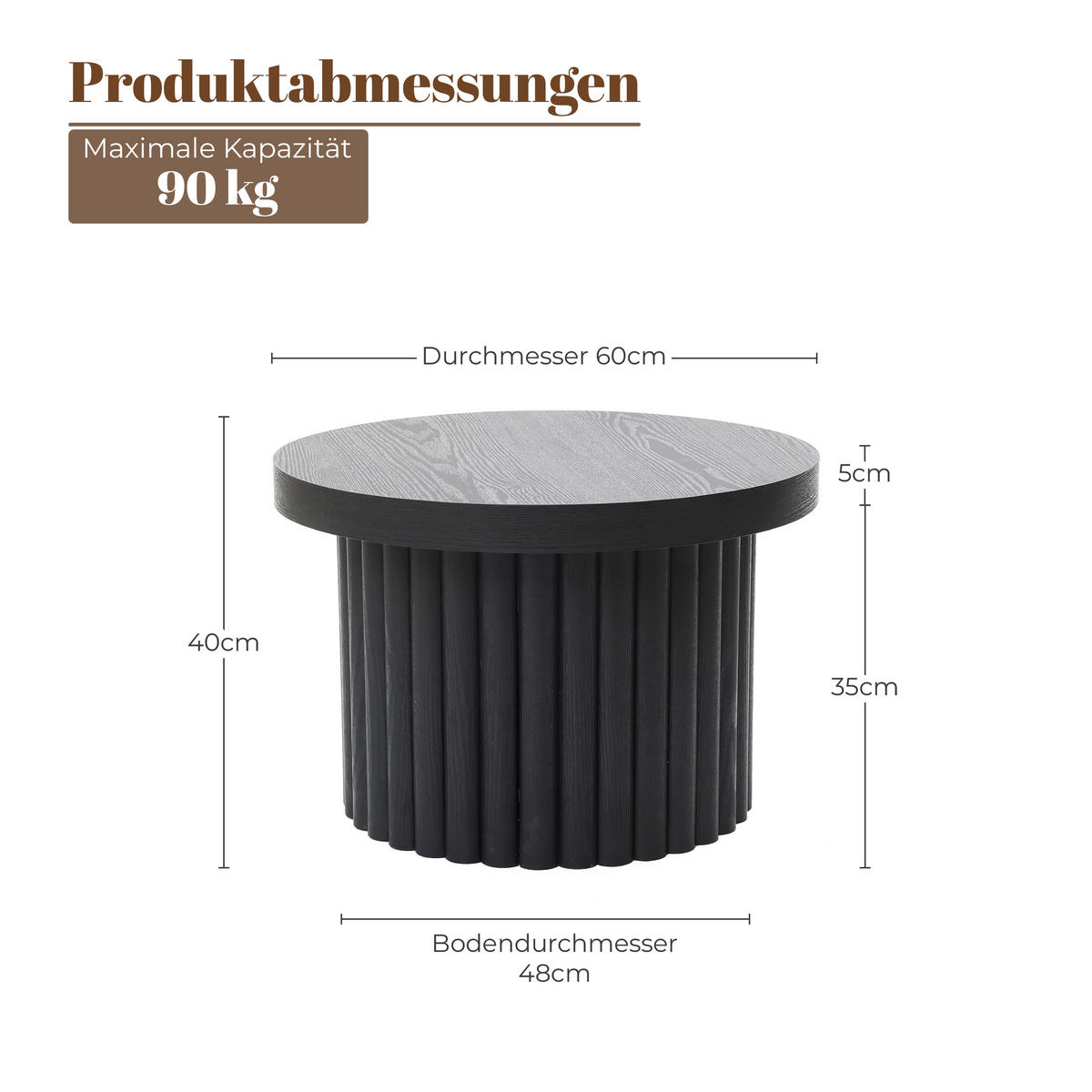 COUCHTISCH Rund, Schwarz aus MDF mit PU-Holzdessin | Ø60 x H40 cm - Schwarz, Holz (60/60/40cm) - Hometopia