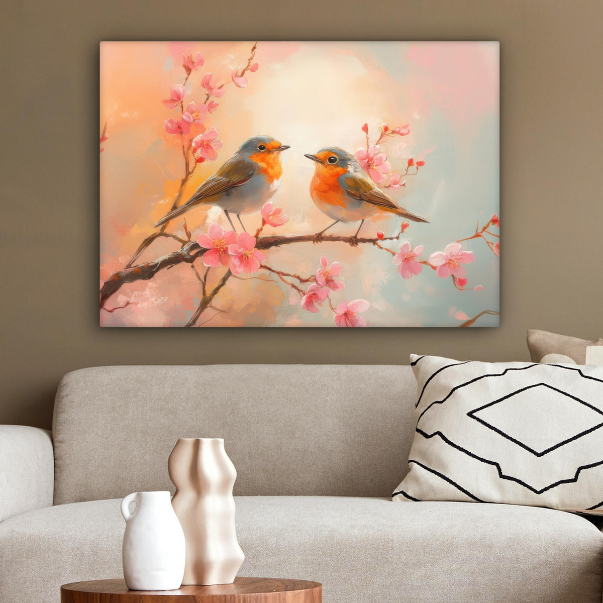 LEINWANDBILD Rotkehlchen - Zierpflanze - Blütenzweig Wandbilder 80x60 cm - Hellrosa, Textil (80/60cm) - MuchoWow