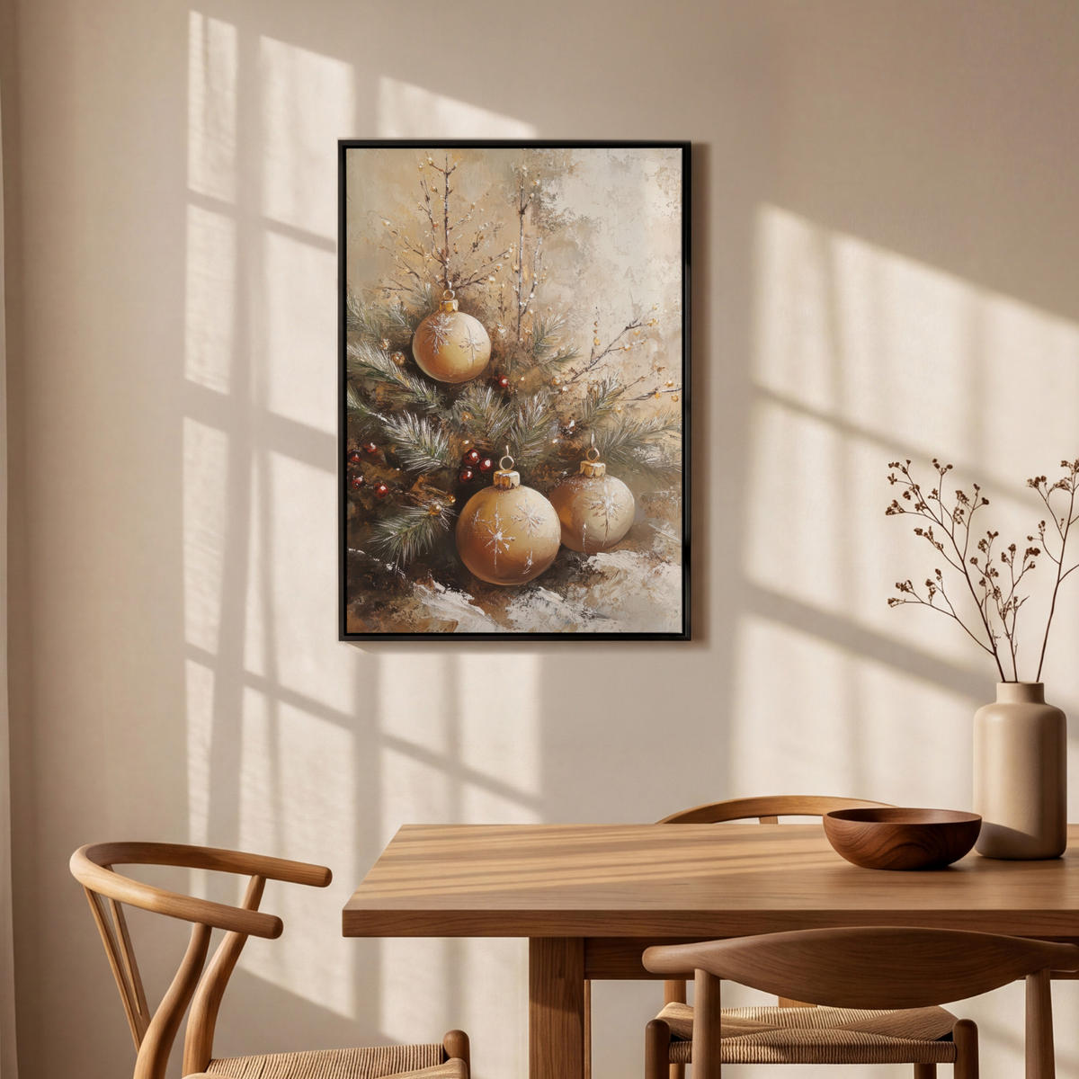 LEINWAND Bilder mit Rahmen - Weihnachten - Kugeln - Beige - Gold - 60x90 - Goldfarben, Textil (60/90cm) - MuchoWow