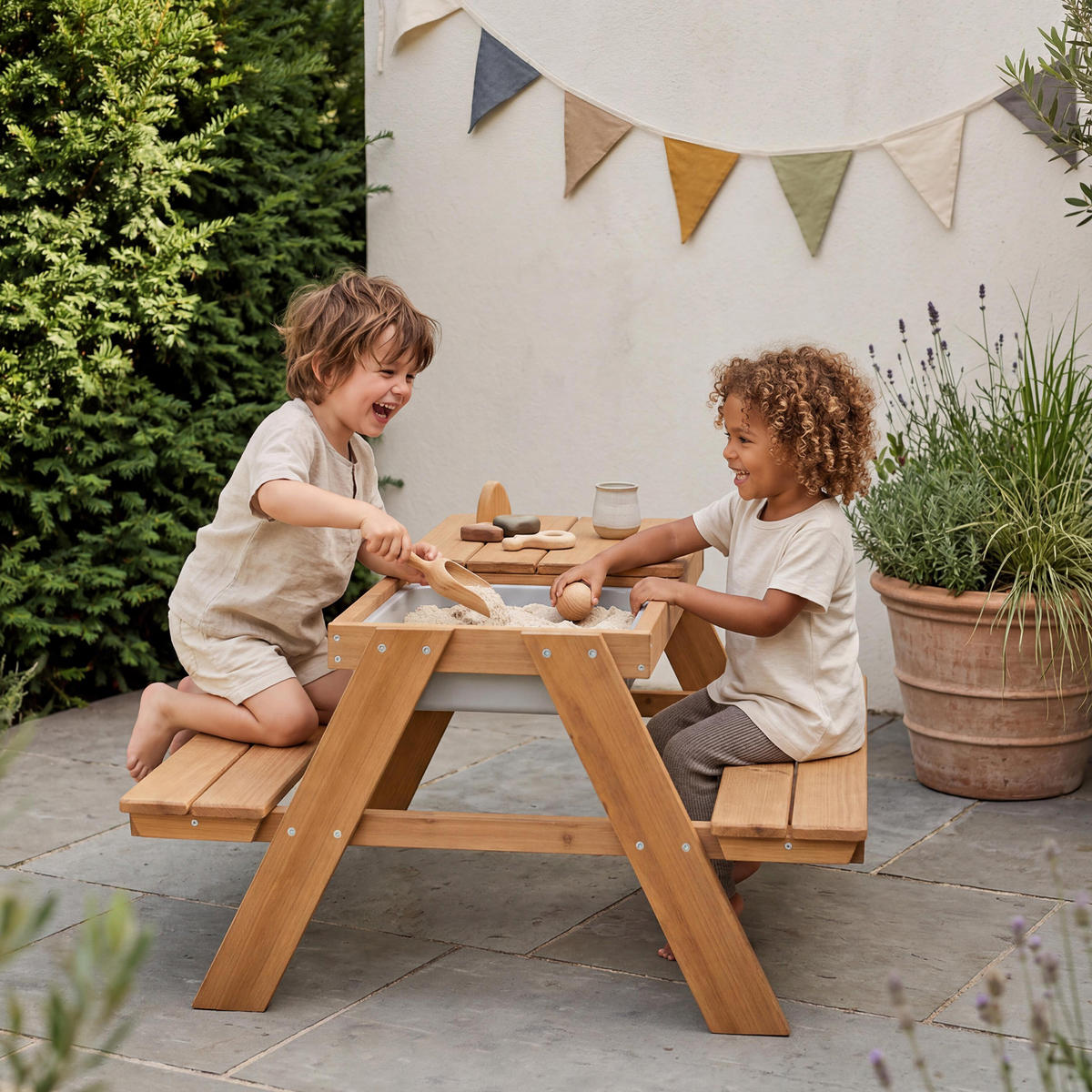 KINDERSITZGARNITUR OUTDOOR + mit Spielwannen und Bankkissen - Teakfarben, Holz - Roba