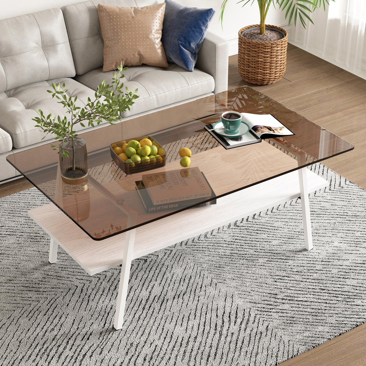 COUCHTISCH aus Hartglas 98x58x42 cm und MDF Braun-Weiß mit Metallbeinen - Braun, Holzwerkstoff (98/58/42.5cm) - IVMEU