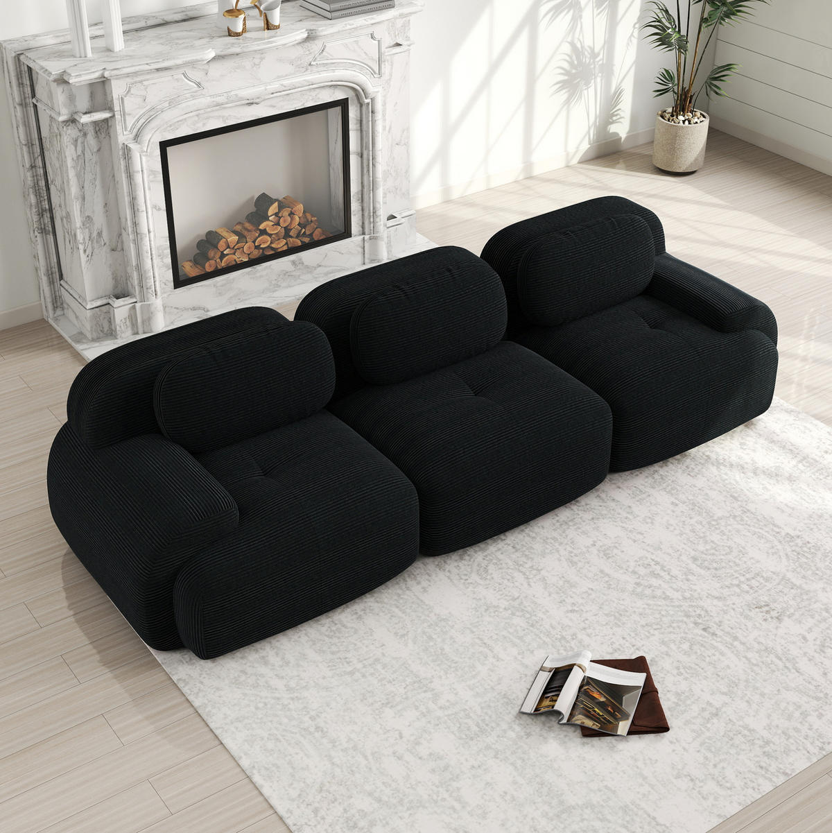 ECKSOFA modular rahmenlos Cordstoff Black - Schwarz, Kunststoff (103/75/298cm) - Meubliv