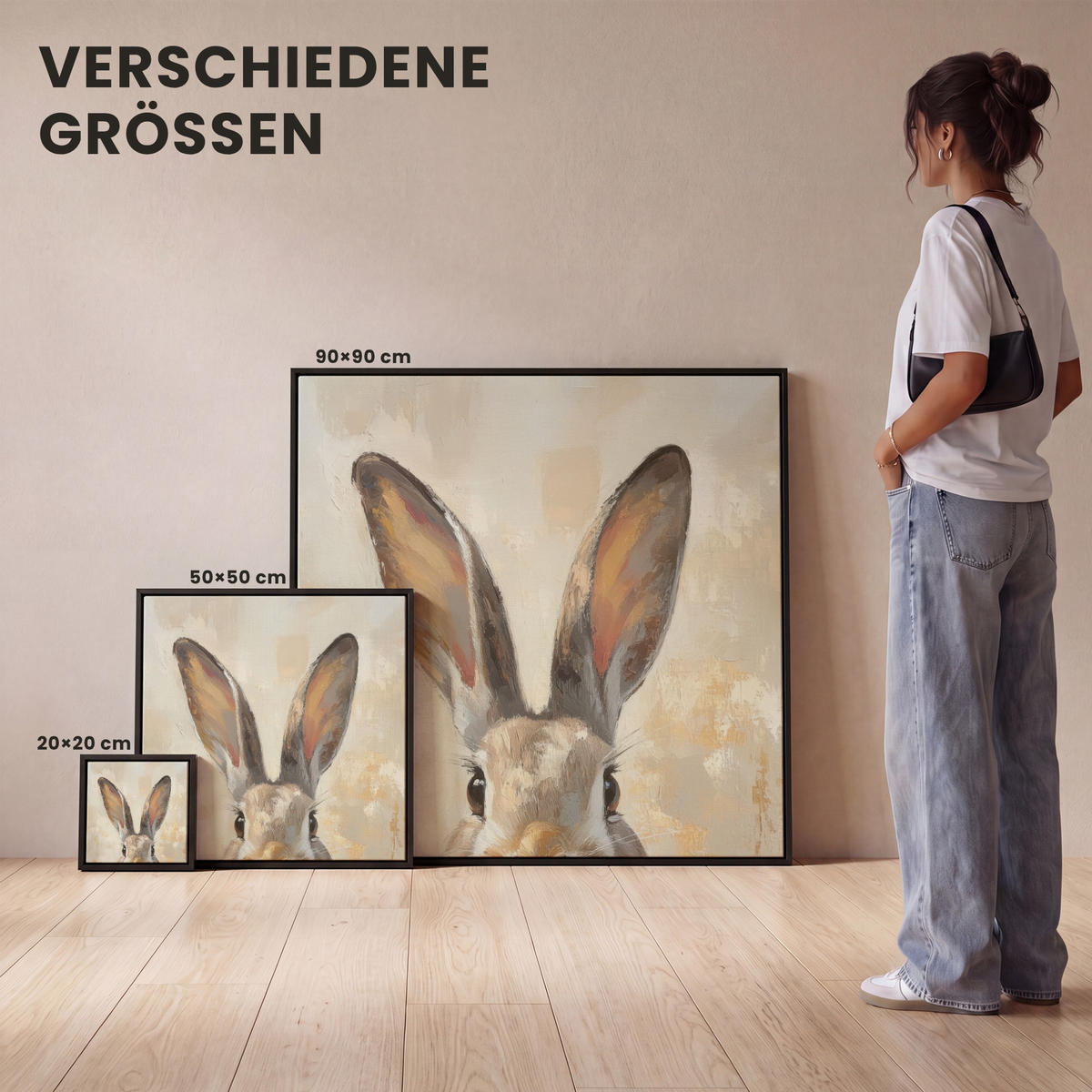 LEINWAND Bilder mit Rahmen - Hase - Ohren - Braun - 20x20 - Beige, Textil (20/20cm) - MuchoWow