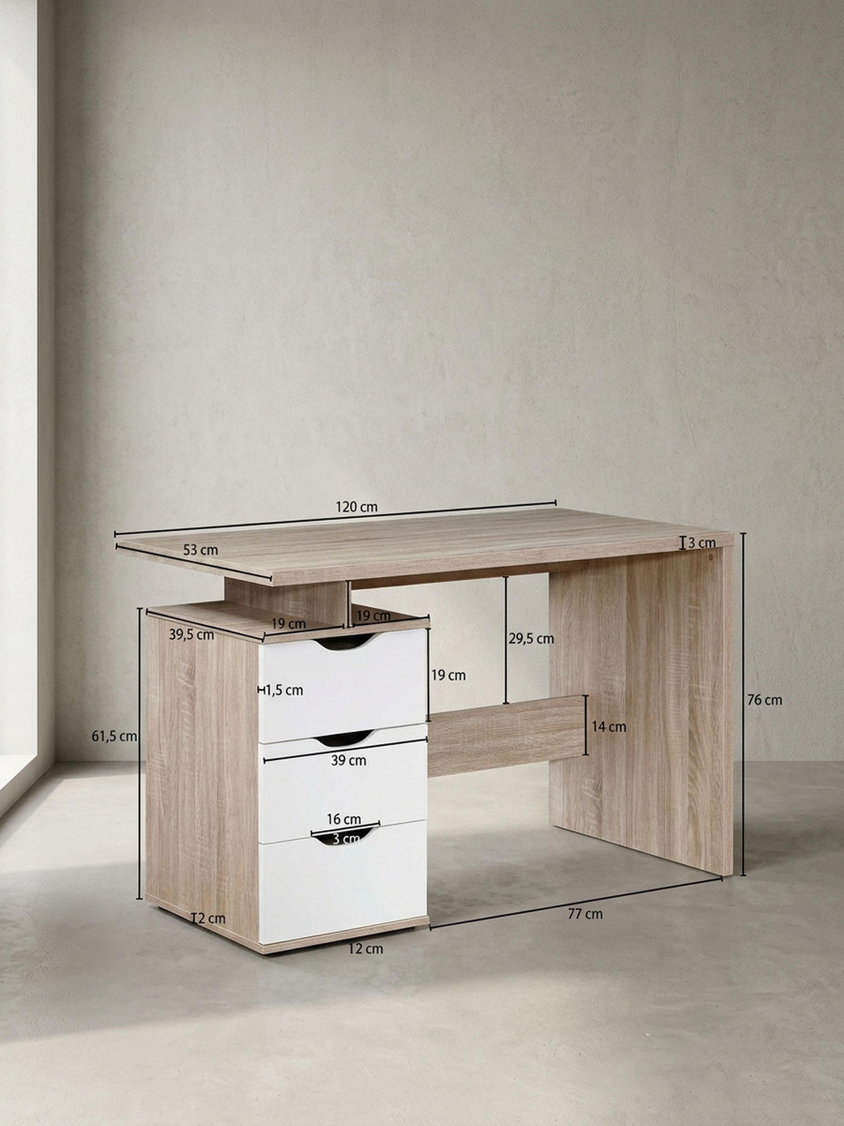 SCHREIBTISCH – Sonoma Weiß, 120x76x53 cm, 3 Schubladen, stilvoll - Beige, Holz (53/120/76cm) - KADIMA DESIGN