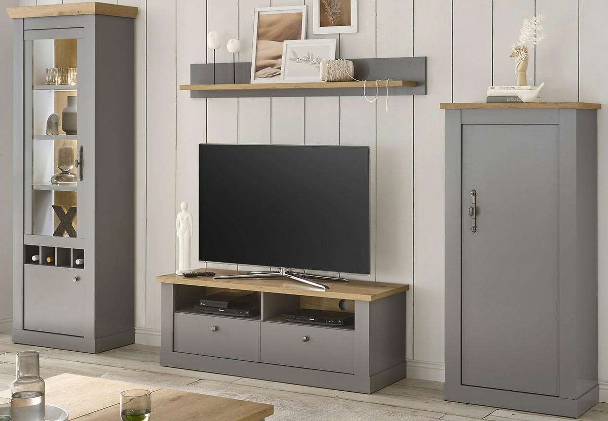 WOHNWAND grau, Artisan Eiche 4-teilig 291 cm, Wohnkombination im Landhaus-Stil - Silberfarben/Hellgrau, Glas/Holzwerkstoff (291/201/44cm) - Furn.Design