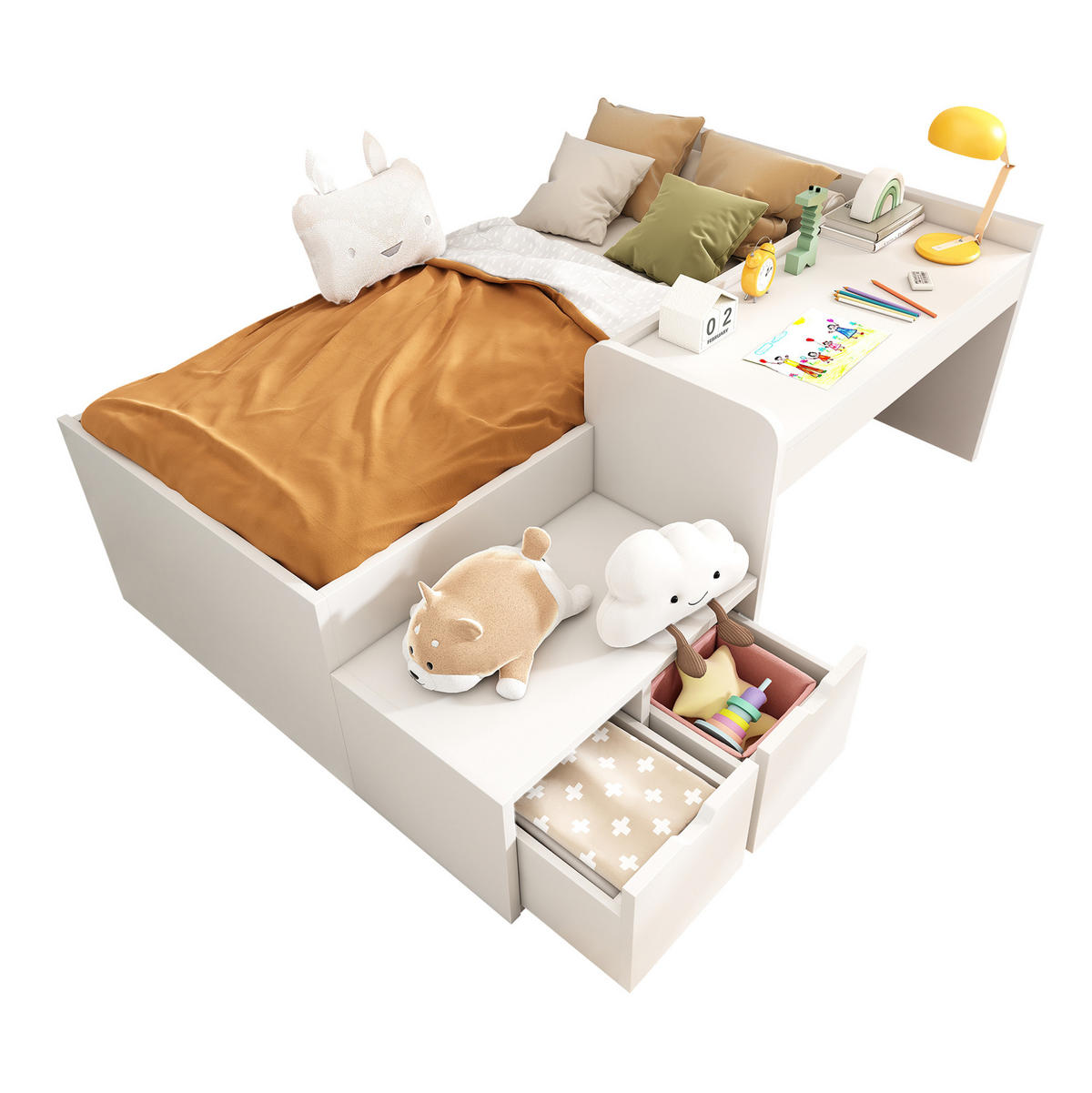 KINDEREINZELBETTEN aus Massivholz und MDF 90x200 cm in Weiß mit Schreibtisch & Schubladen - Weiß, Holzwerkstoff (90/200cm) - Modfu