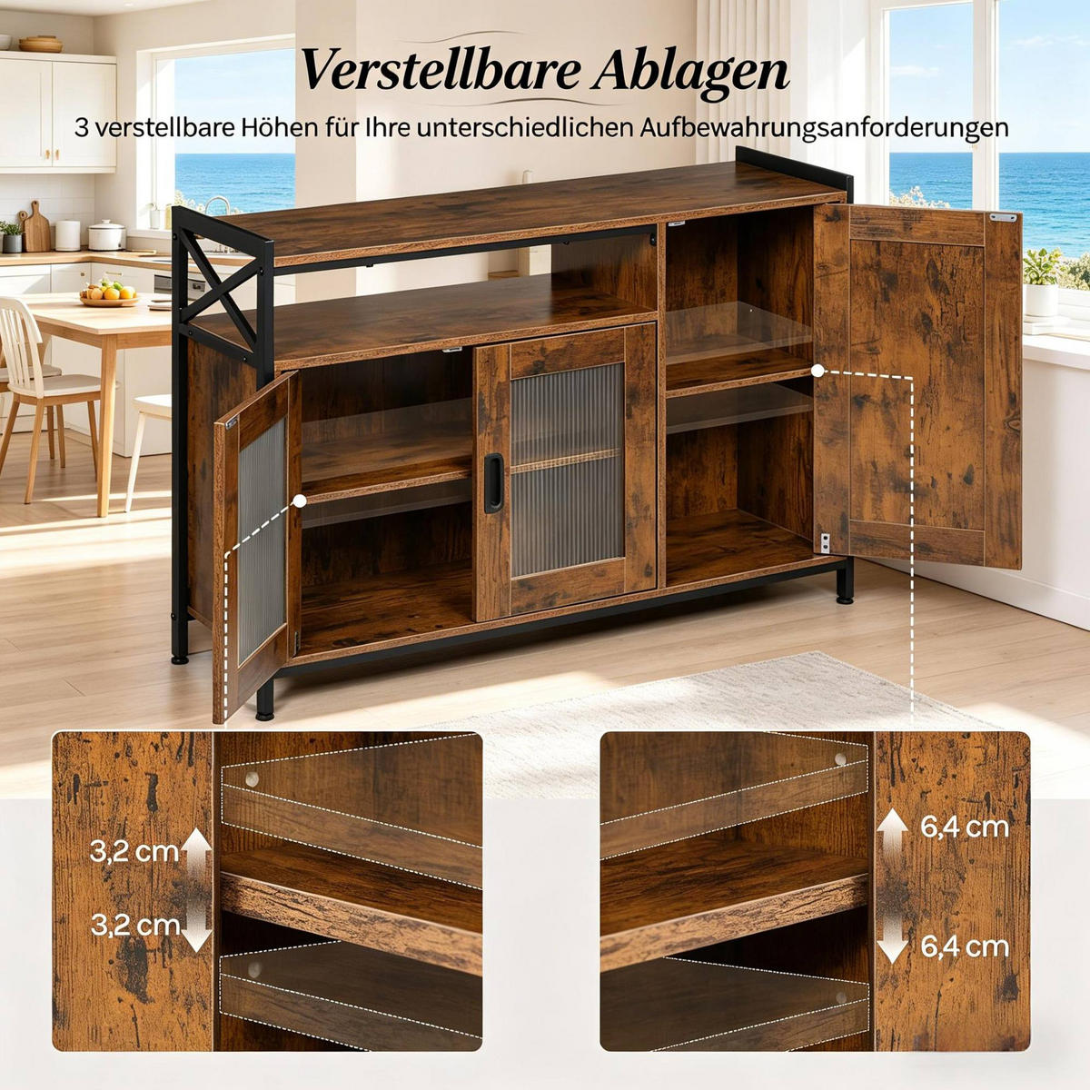 SIDEBOARD 110/33/75 cm in Rustikalbraun mit offenem Fach und verstellbaren Regalen - Dunkelbraun, Metall (110/75/33cm) - BEAOK