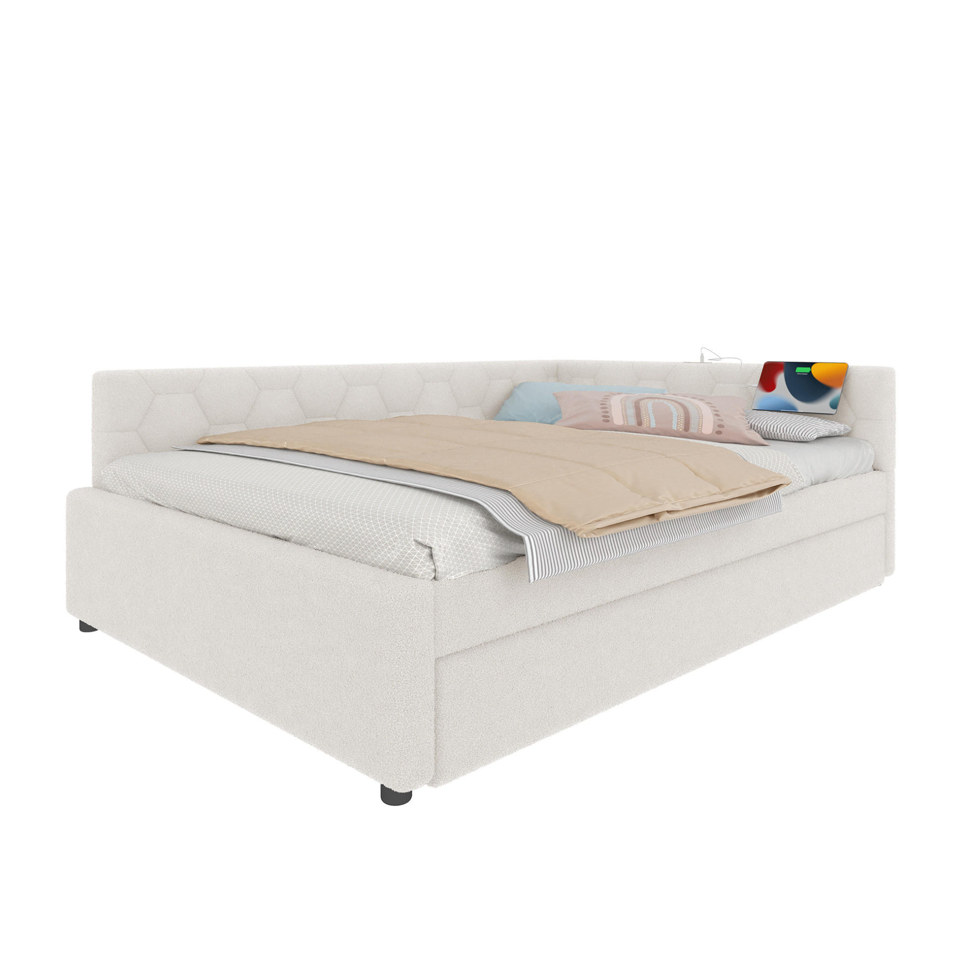 POLSTERBETT 140/200 cm Weiß aus Vliesimitat und MDF mit Ausziehbett - Weiß, Textil (140/200cm) - OKMYHOME