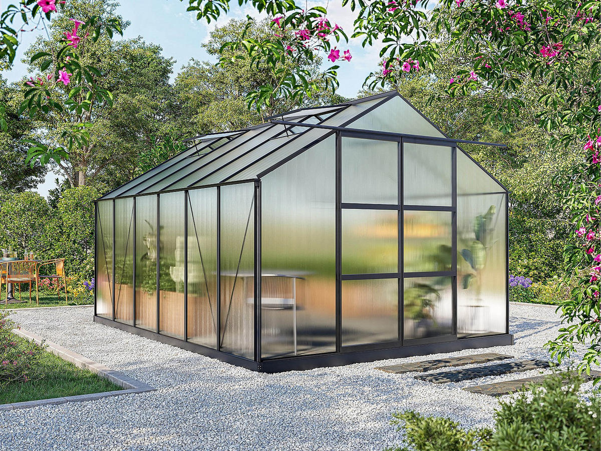 SELBSTTRAGENDES Gewächshaus - 305cm x 427cm - Polycarbonat - anthrazitgrau - KALIDA - Anthrazit, Kunststoff (305/249/427cm) - Vente-Unique