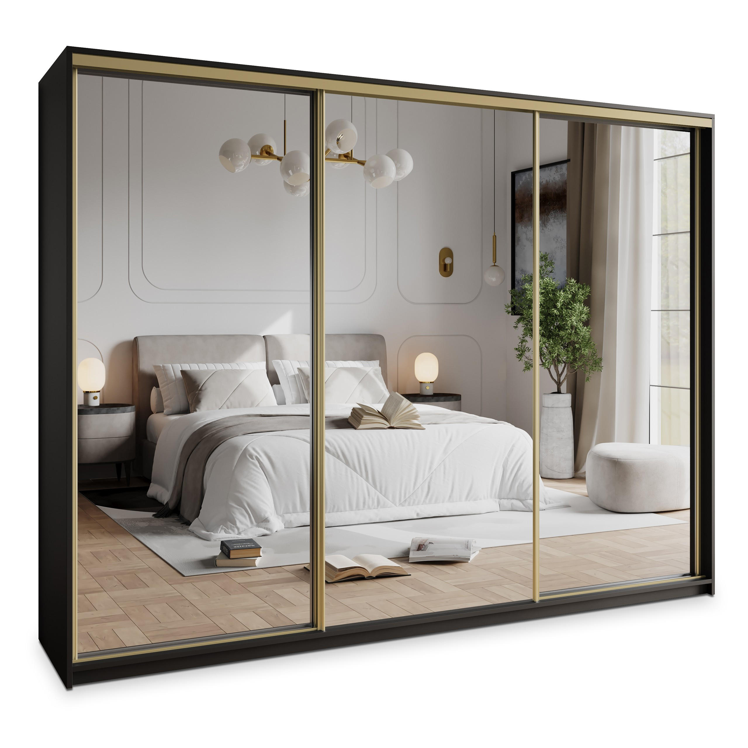 SCHWEBETÜRENSCHRANK RIEN 250/205/60 cm 3-türig mit Spiegel und Schubladen Schwarz - Goldfarben/Schwarz, Holzwerkstoff (250/205/60cm) - MASSENO