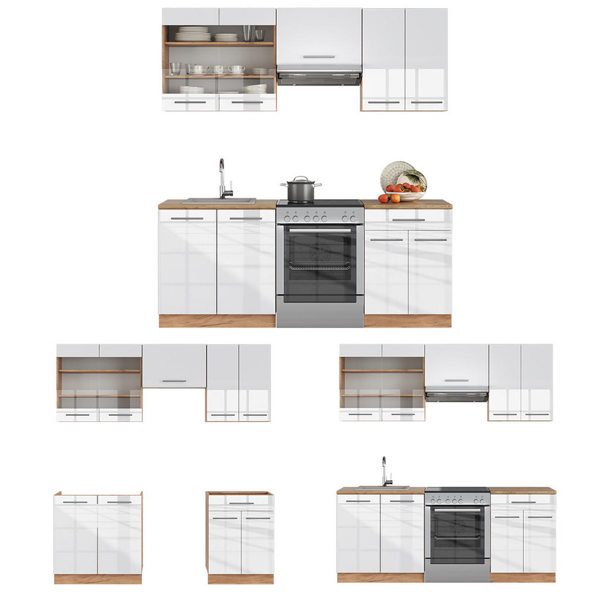 KÜCHENZEILE Fame-Line Weiß Hochglanz/Goldkraft Eiche 200 cm ohne AP - Honigeiche/Weiß Hochglanz, Holzwerkstoff (200/81.6/46cm) - Vicco