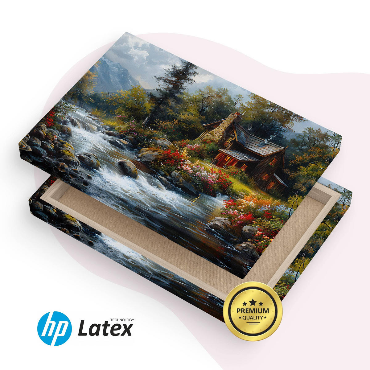 LEINWANDBILD Berghütte Pflanzen Natur Landschaft 90cm x 60cm - Blau/Beige, Textil (90/60cm) - Muralo