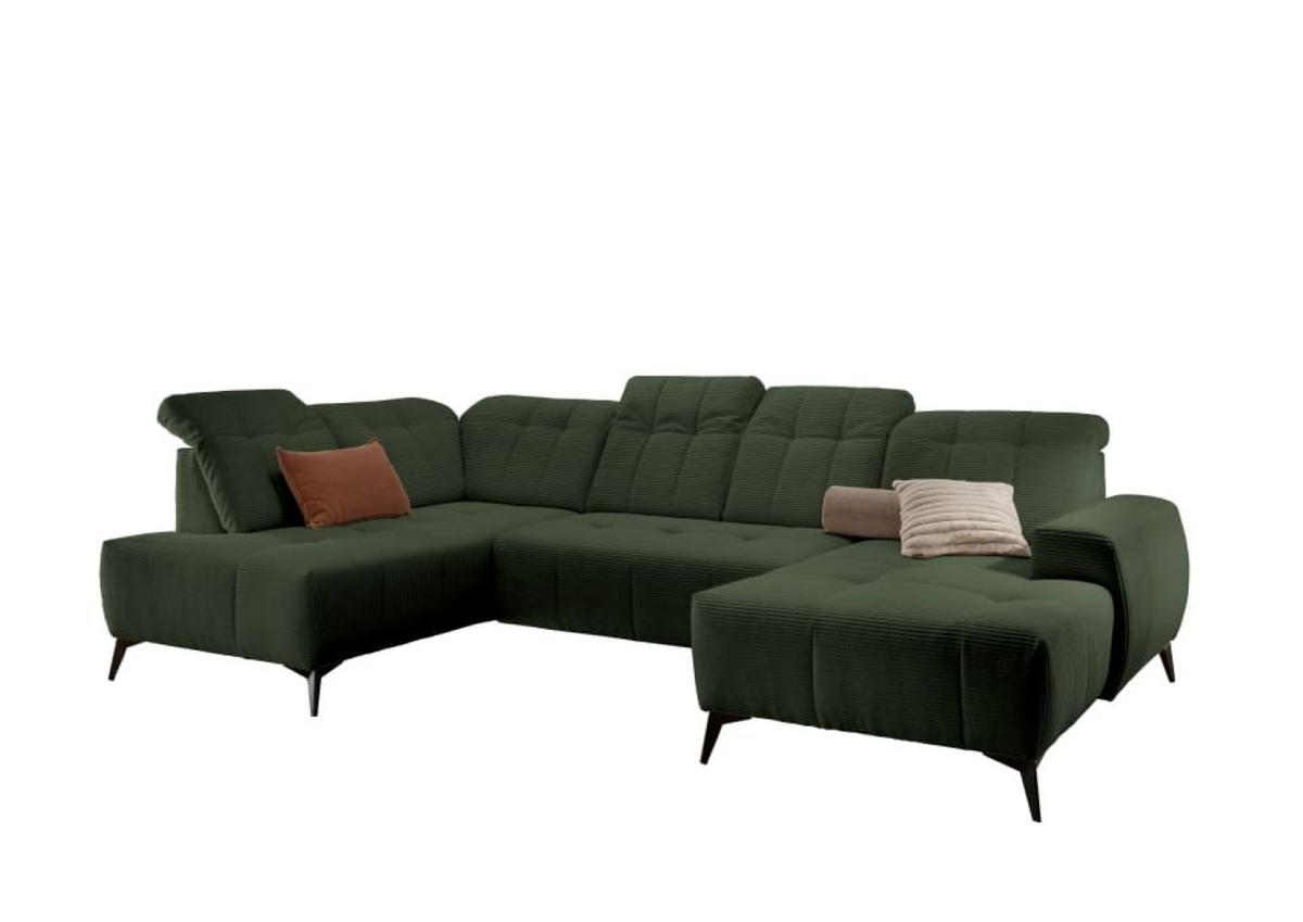 WOHNLANDSCHAFT mit elektrisch verstellbare Relaxfunktion, Cord-Stoff - Schwarz/Grün, Textil/Metall (337/104/200cm) - myHomelando