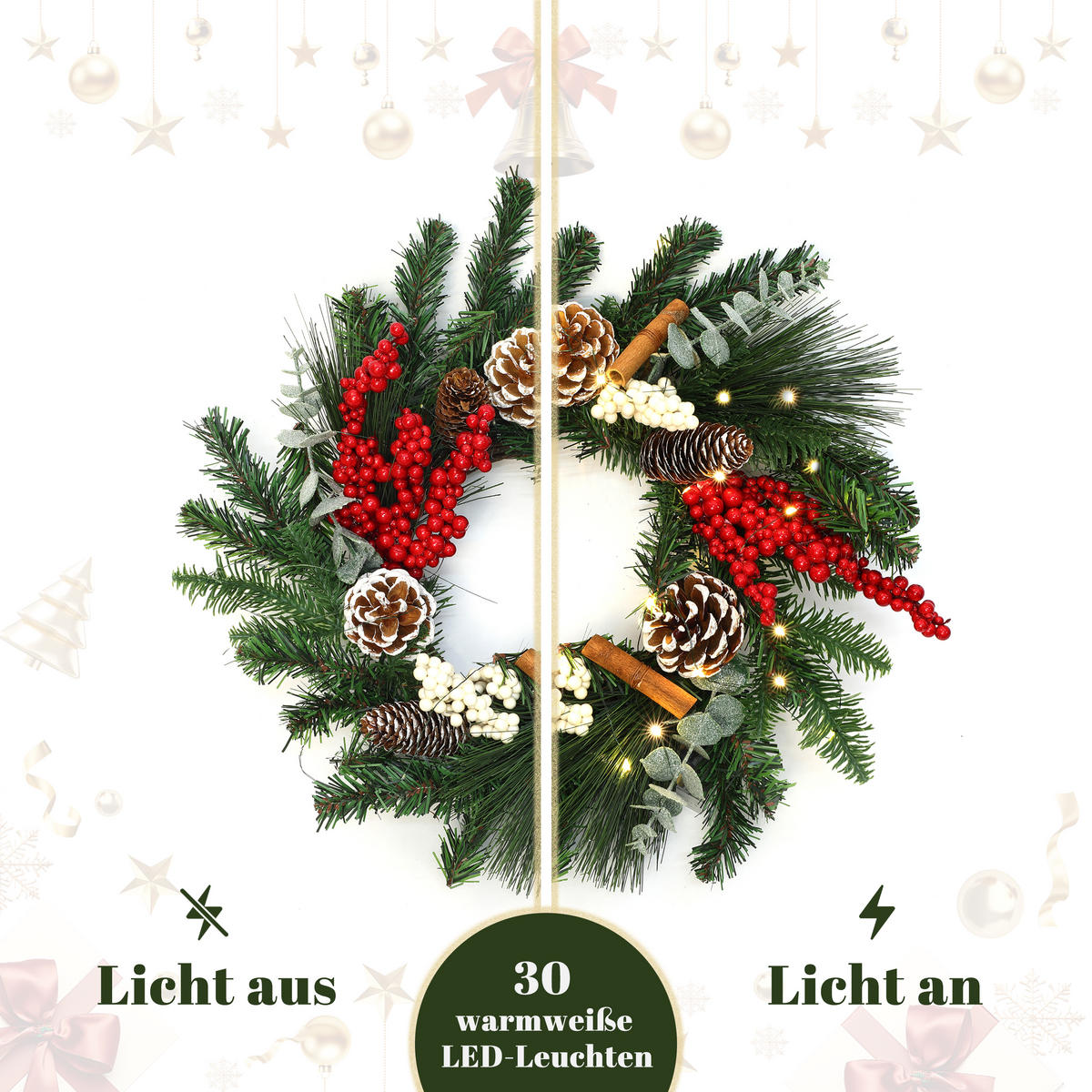 WEIHNACHTSKRANZ mit LED Beleuchtung & Timer - Dunkelgrün, Naturmaterialien (40cm) - Hometopia