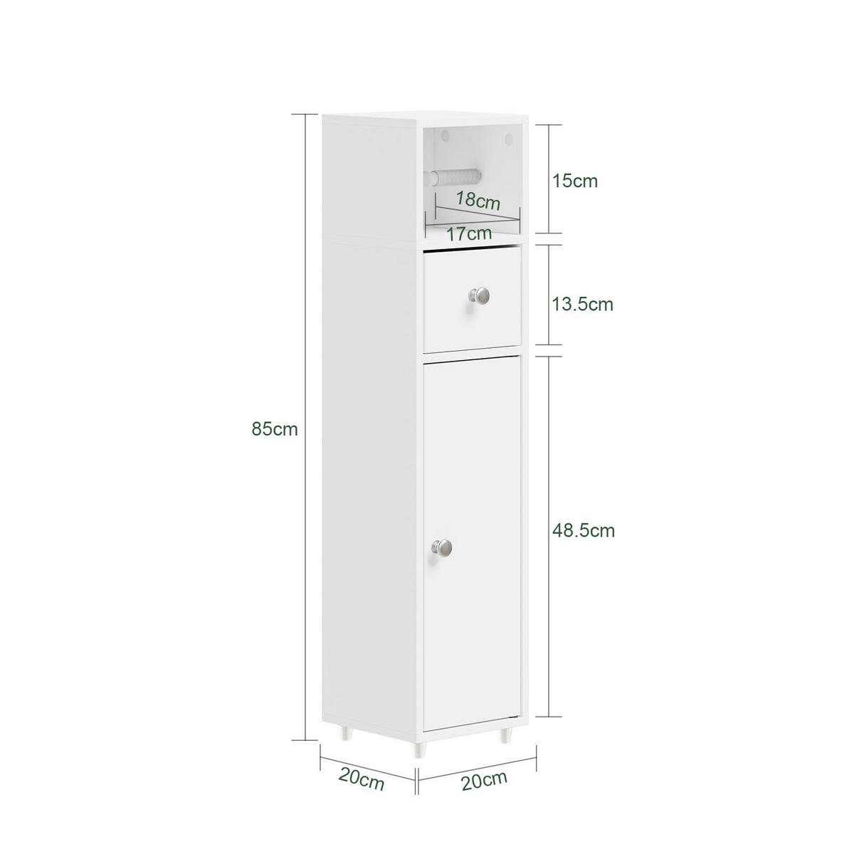 BADEZIMMERSCHRANK mit Toilettenpapierhalter schmal 20cm Weiß BZR219-W - Weiß, Holzwerkstoff (20/85/20cm) - SoBuy