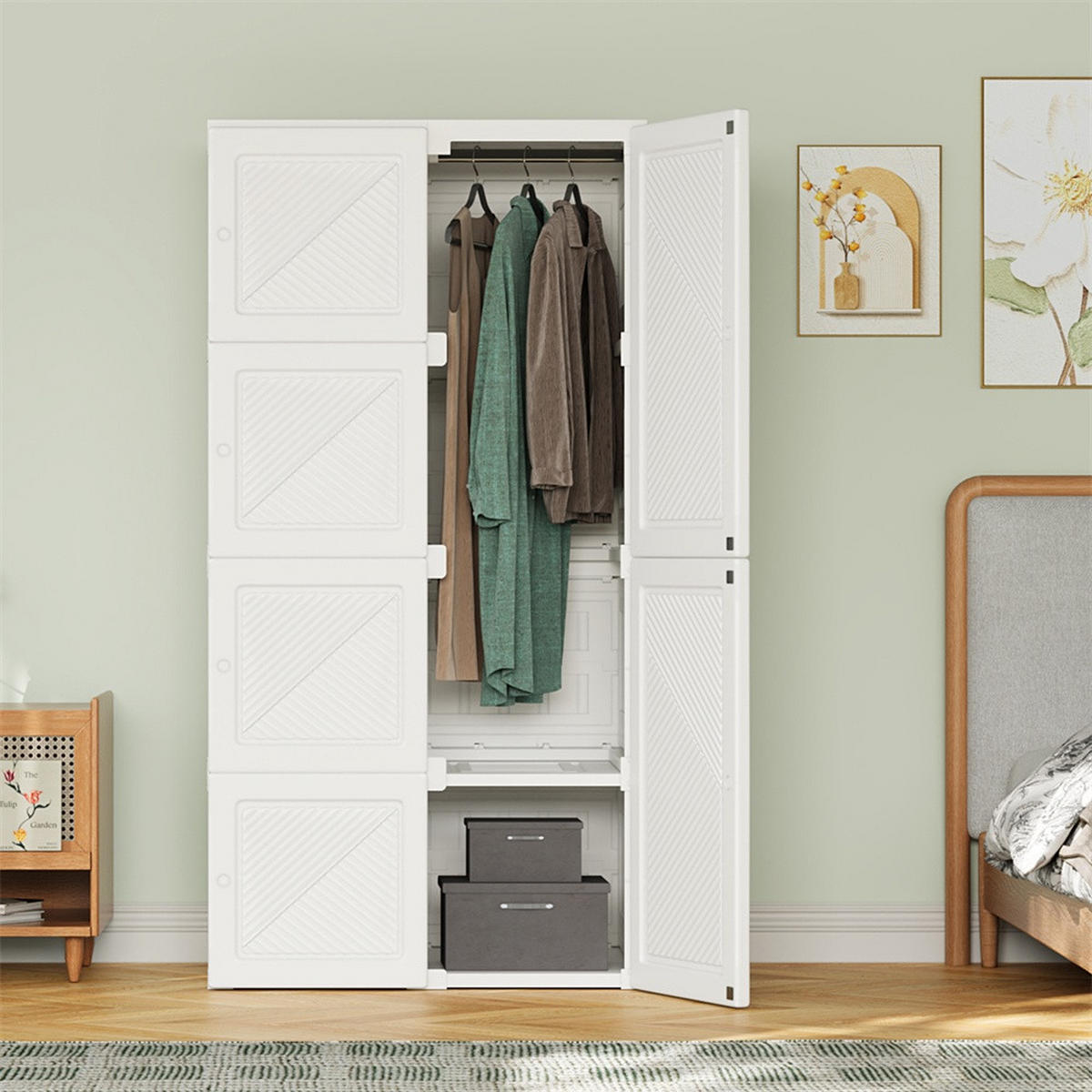 KLEIDERSCHRANK - Faltbarer Kleiderschrank mit Türen - 5 Fächer und 1 Kleiderstange - Montagefrei - Weiß - Weiß, Kunststoff (50/136/69cm) - DELFA