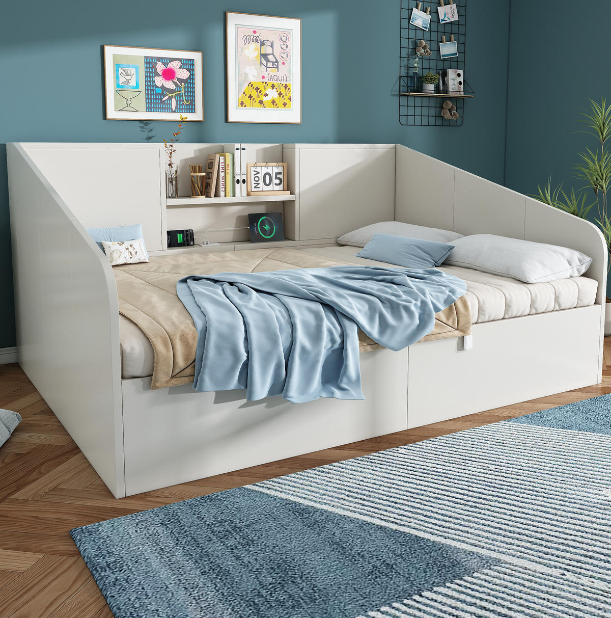 POLSTERBETT 140/190 cm in Weiß mit Stauraum, Lattenrost und USB/Type-C-Ladestation - Weiß, Textil (140/190cm) - BEAOK