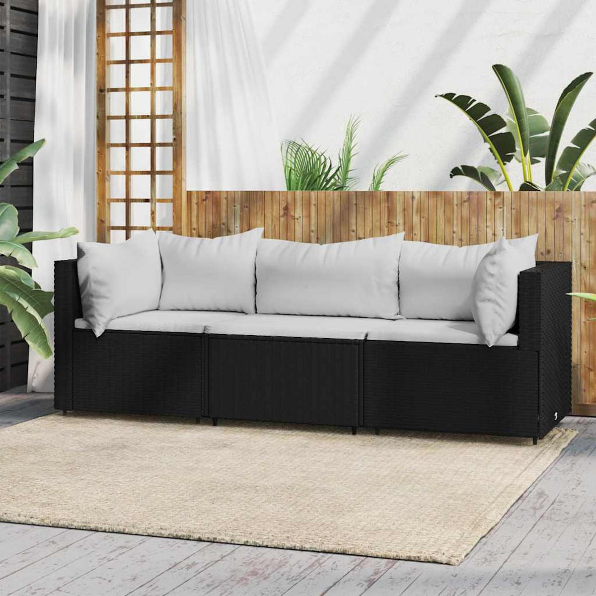 LOUNGESOFA mit Weiß Polstern und Kissen, 189/63/57,5 cm, aus Poly Rattan, Schwarz, 3-teiliges Set - Weiß, Kunststoff (63/57.5/63cm) - vidaXL
