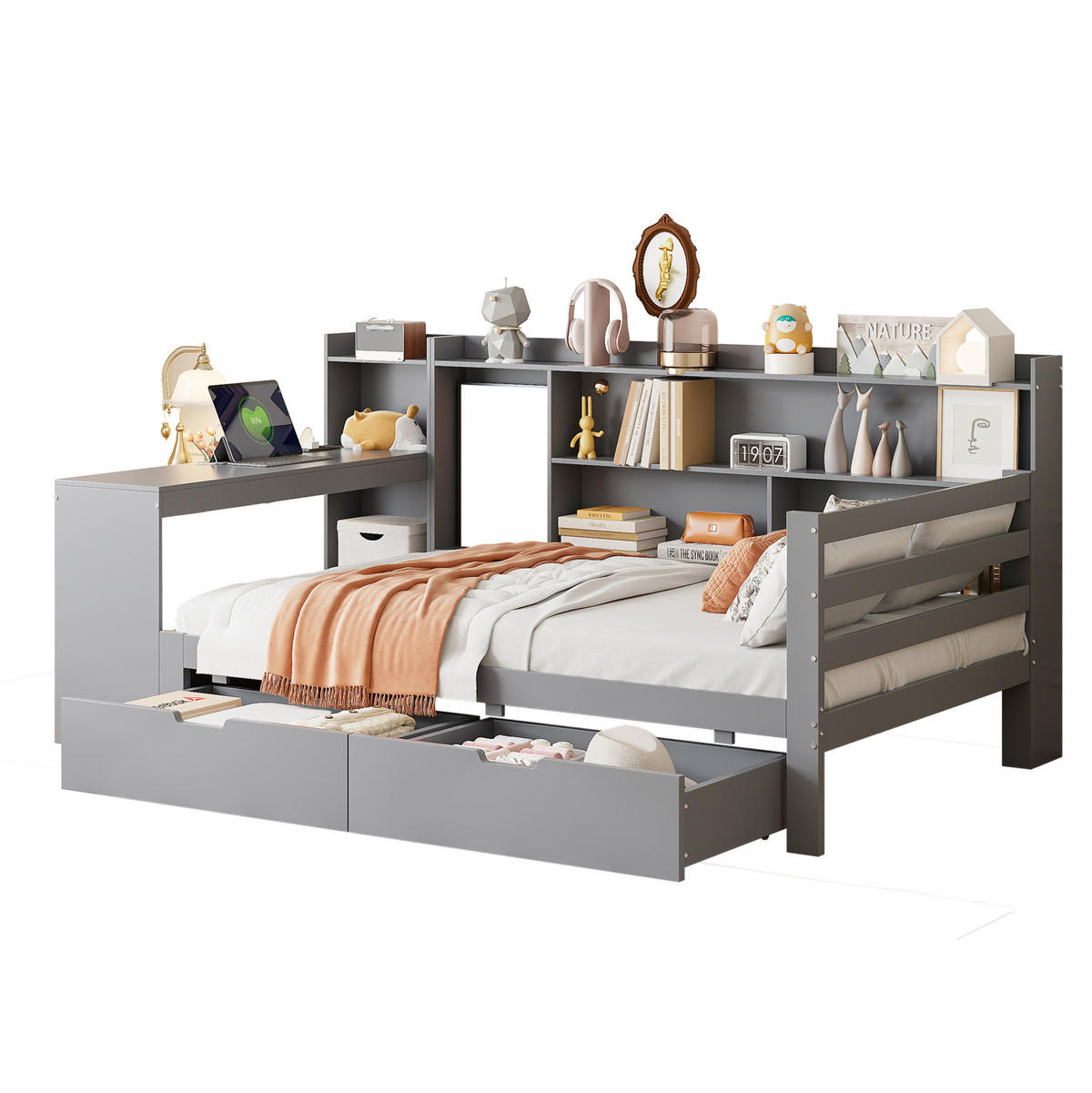 BETT 90/200 cm aus Massivholz in Grau – mit Schreibtisch, Regalen und 2 Schubladen - Grau, Holz (90/200cm) - BEAOK