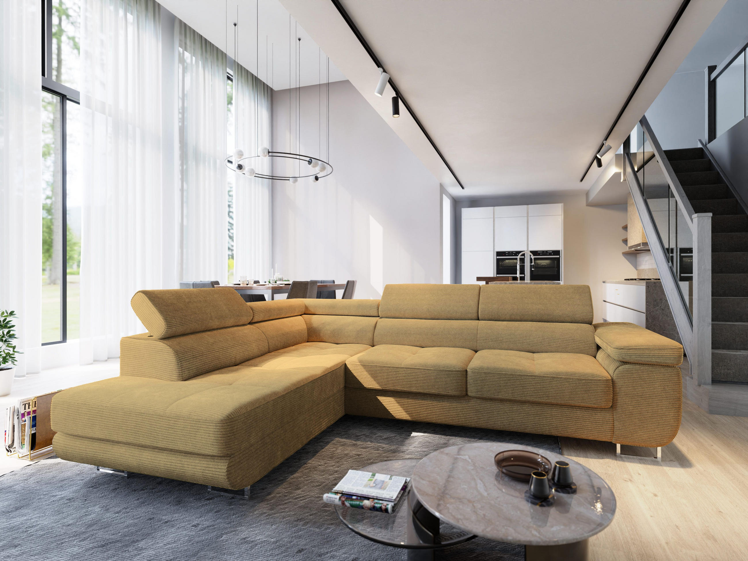 ECKSOFA APIRO L-S Gelb Kordstoff mit Schlaffunktion - Gelb, Holz (276/202cm) - MASSENO