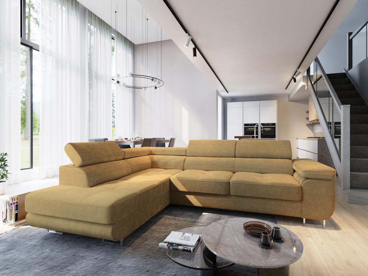 ECKSOFA APIRO L-S Gelb Kordstoff mit Schlaffunktion - Gelb, Holz (276/202cm) - MASSENO