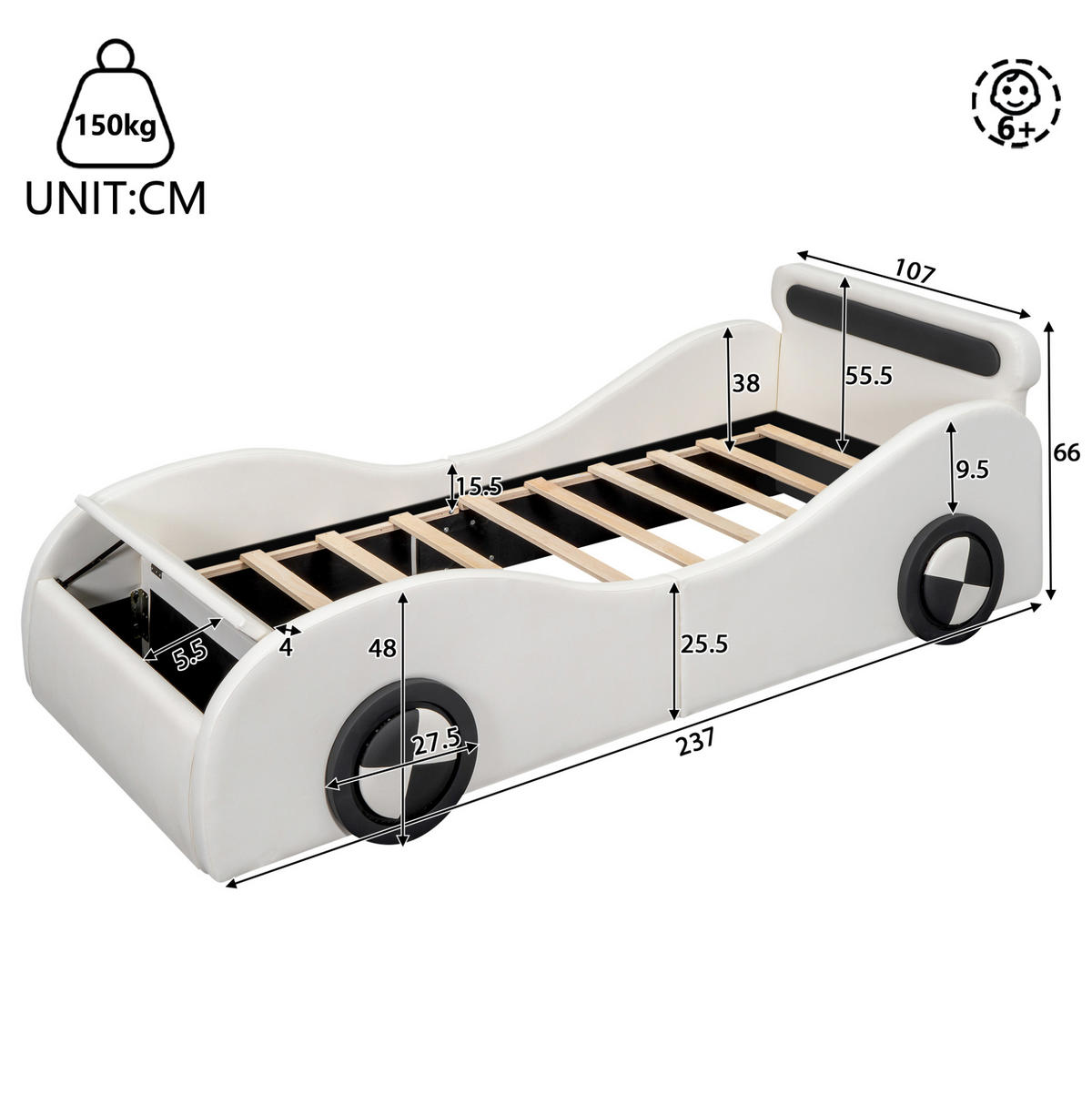 KINDER-POLSTERBETT aus PU und MDF 90x200 cm Weiß in Autoform mit Leuchträdern und Stauraum - Weiß, Kunststoff (90/200cm) - Modfu