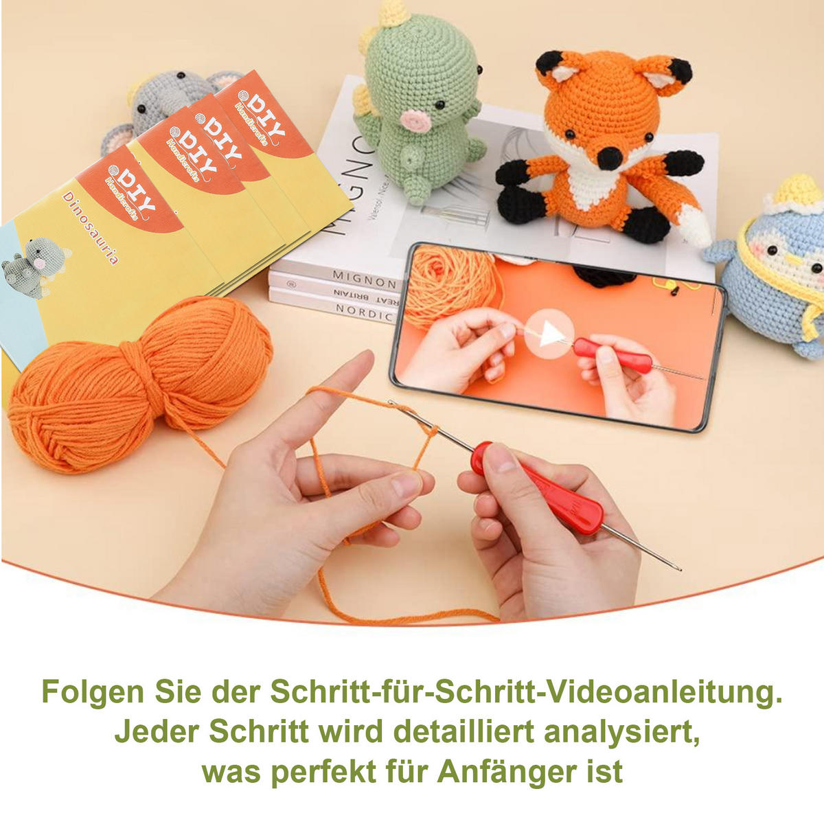 KOMPLET za kvačkanje Dinozaver svetlo zelene barve, DIY Amigurumi za začetnike s pripomočki - svetlo zelena, tekstil (1/1/1cm)