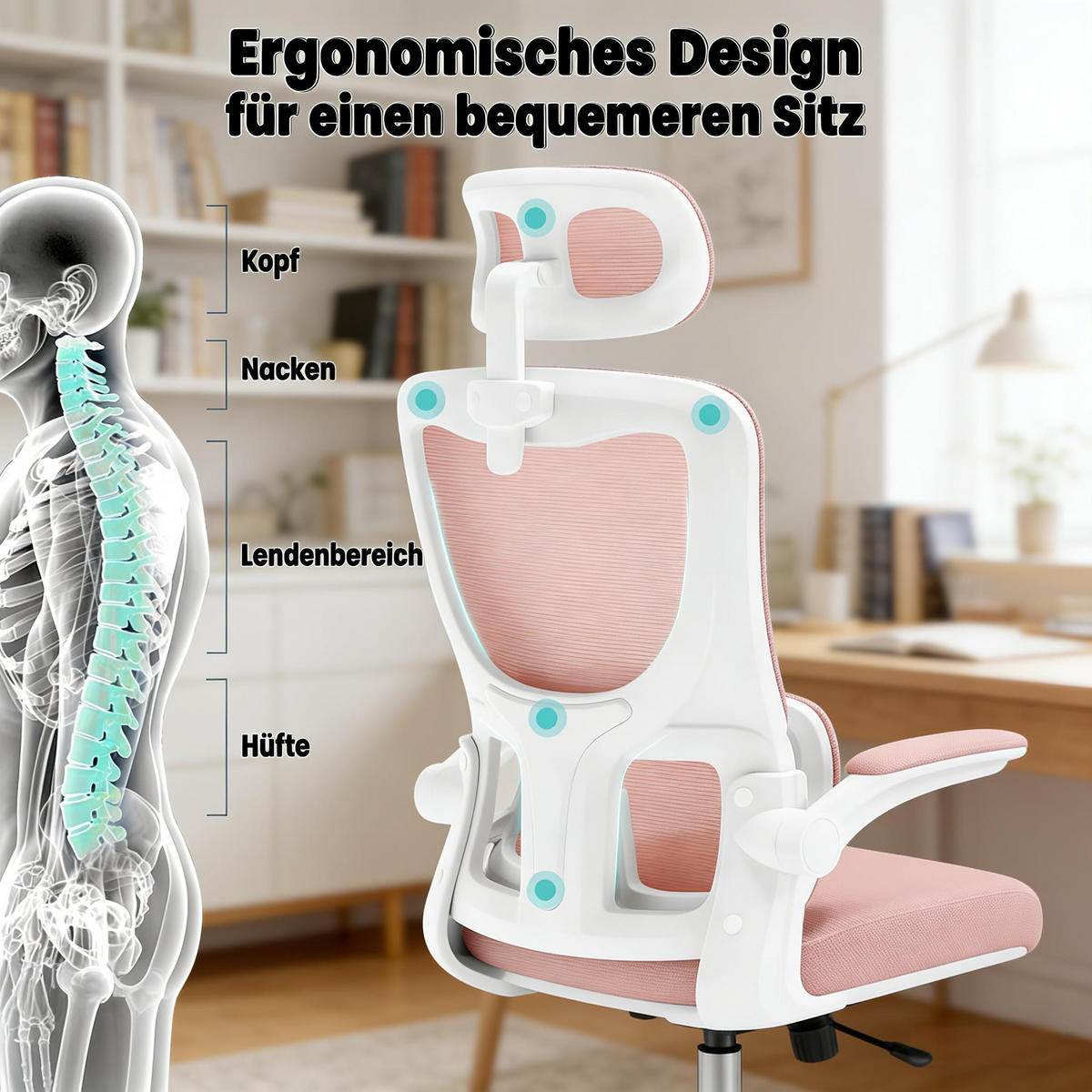 DREHSTUHL ergonomischer Bürostuhl mit hoher Rückenlehne 46-54 cm - Rosa, Leder (69.5/116/62cm) - Gisaae