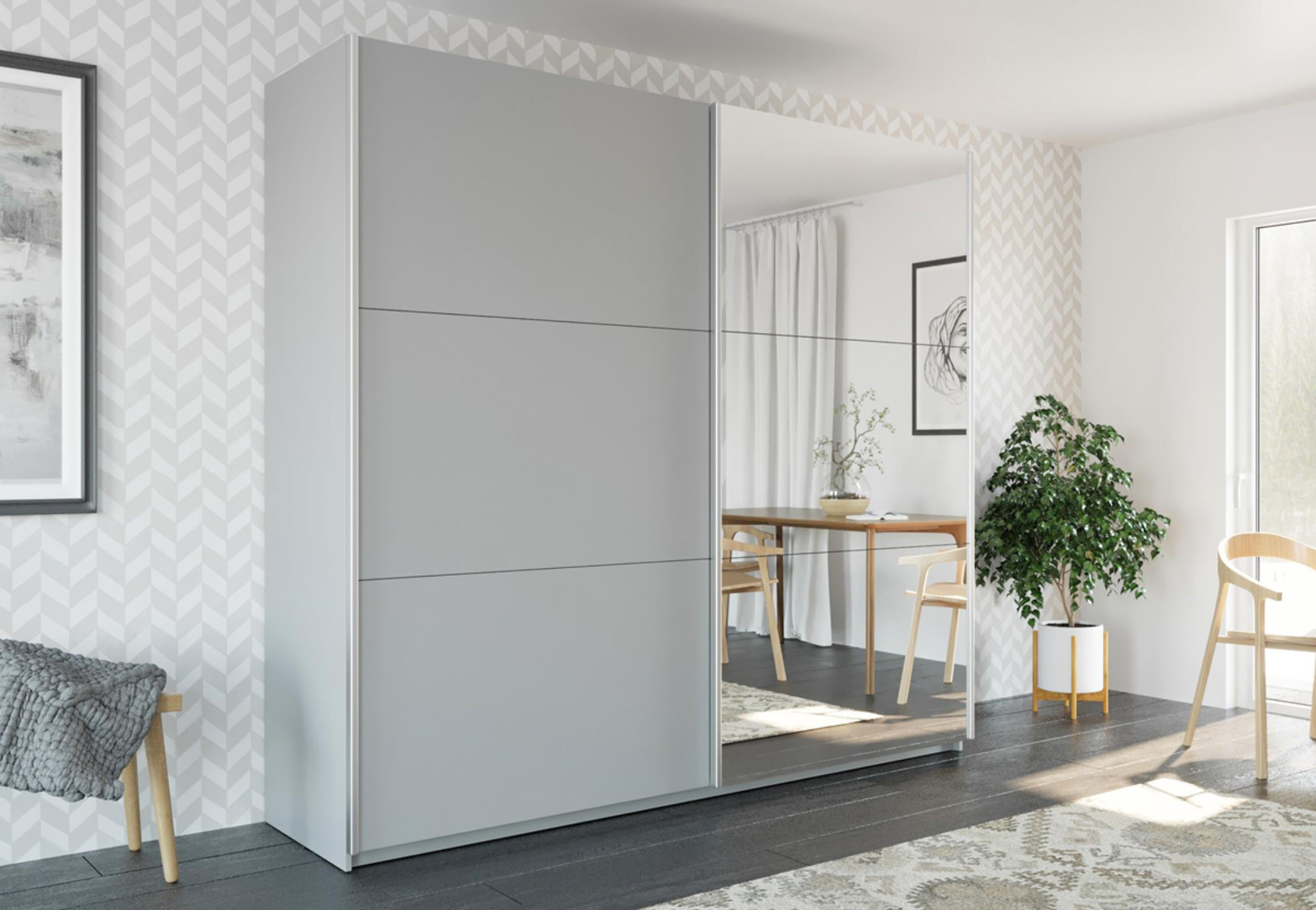 KLEIDERSCHRANK Govi 225 Graphit, zweitüriger Schiebeschrank mit Spiegel - Graphitfarben, Holzwerkstoff (225/215/65cm) - Bettso