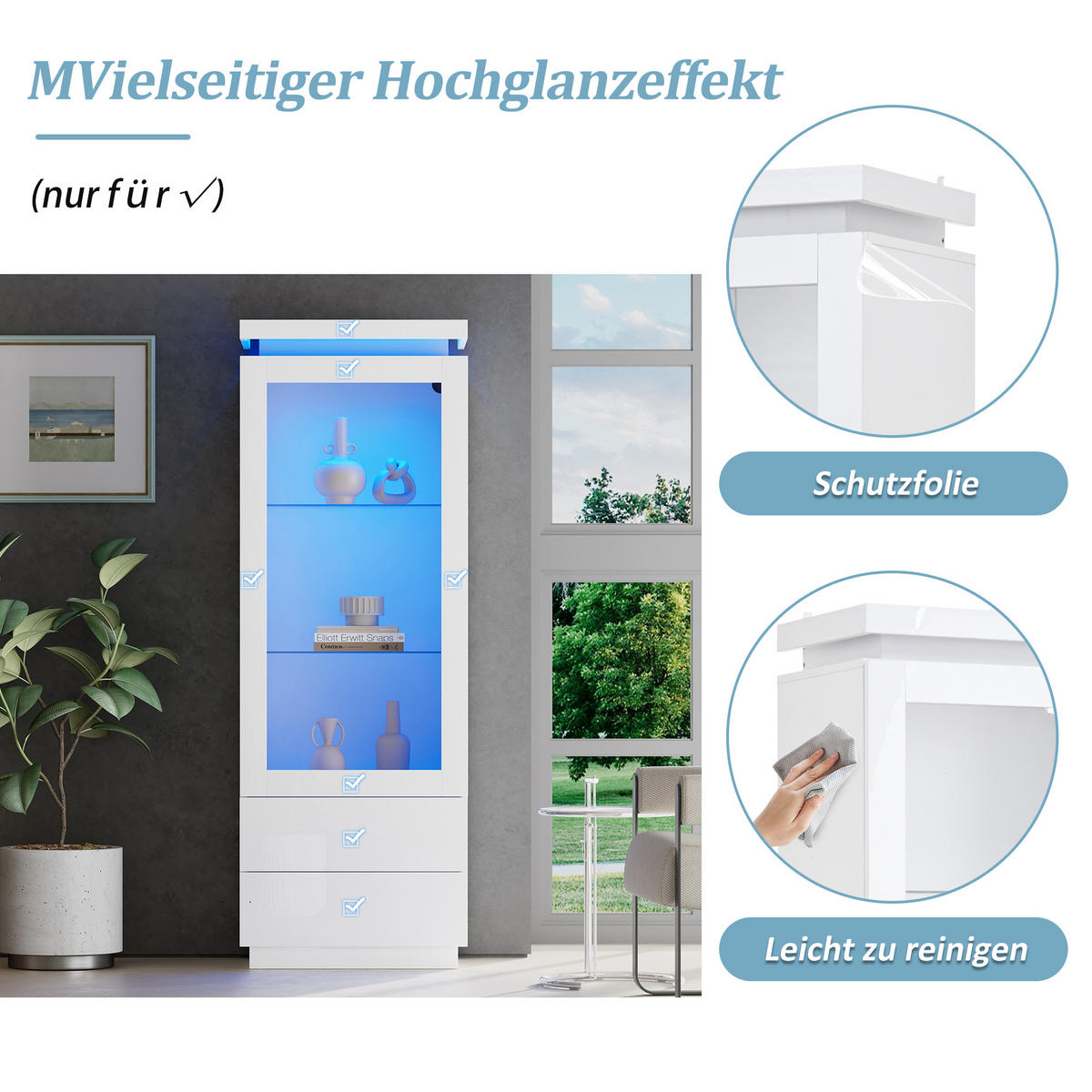 VITRINE in Weiß Hochschrank mit LED-Beleuchtung und 2 Schubladen für Wohnzimmer, B60/T40/H171cm - Transparent/Weiß, Glas/Holzwerkstoff (60/171/40cm) - STILVORA