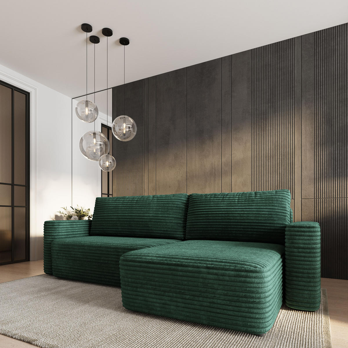 ECKSOFA TELIN Grün Kordstoff mit Schlaffunktion - Grün, Holz (280/162cm) - MASSENO