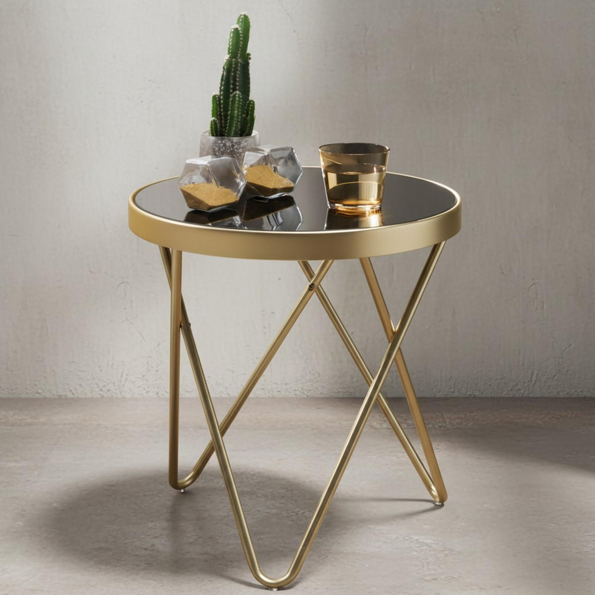 BEISTELLTISCH Glas Kupfer V-Gestell 70er-Jahre Design, Gold 42x42x46 cm - Goldfarben, Glas/Metall (42/42/46cm) - KADIMA DESIGN