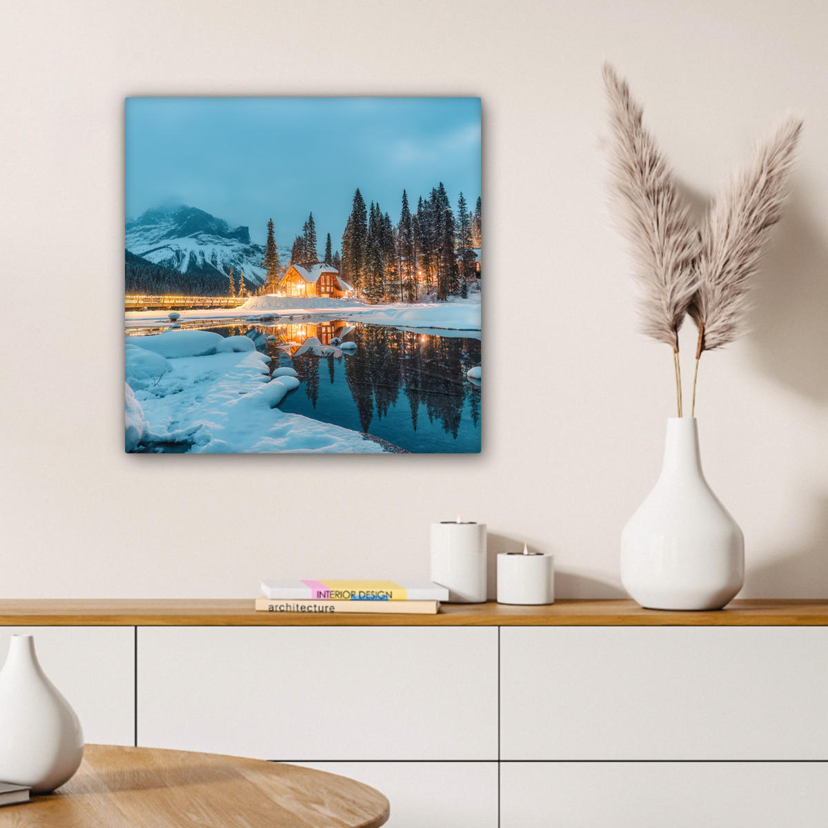 LEINWANDBILD Winterlandschaft - Natur - Haus - Berge - Schnee 50x50 cm - Hellblau, Textil (50/50cm) - MuchoWow