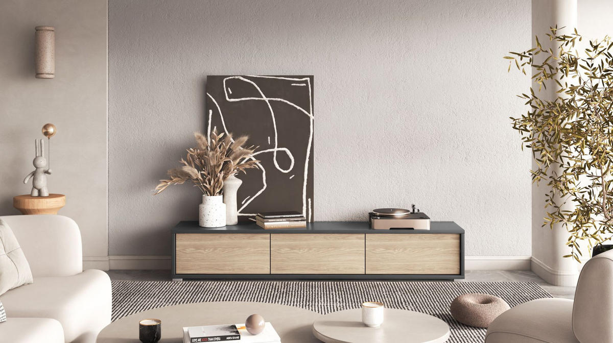 TV-LOWBOARD Moddern Anthrazit / Eiche 180 cm - Beige/Anthrazit, Holzwerkstoff (180/32/36cm) - Selsey