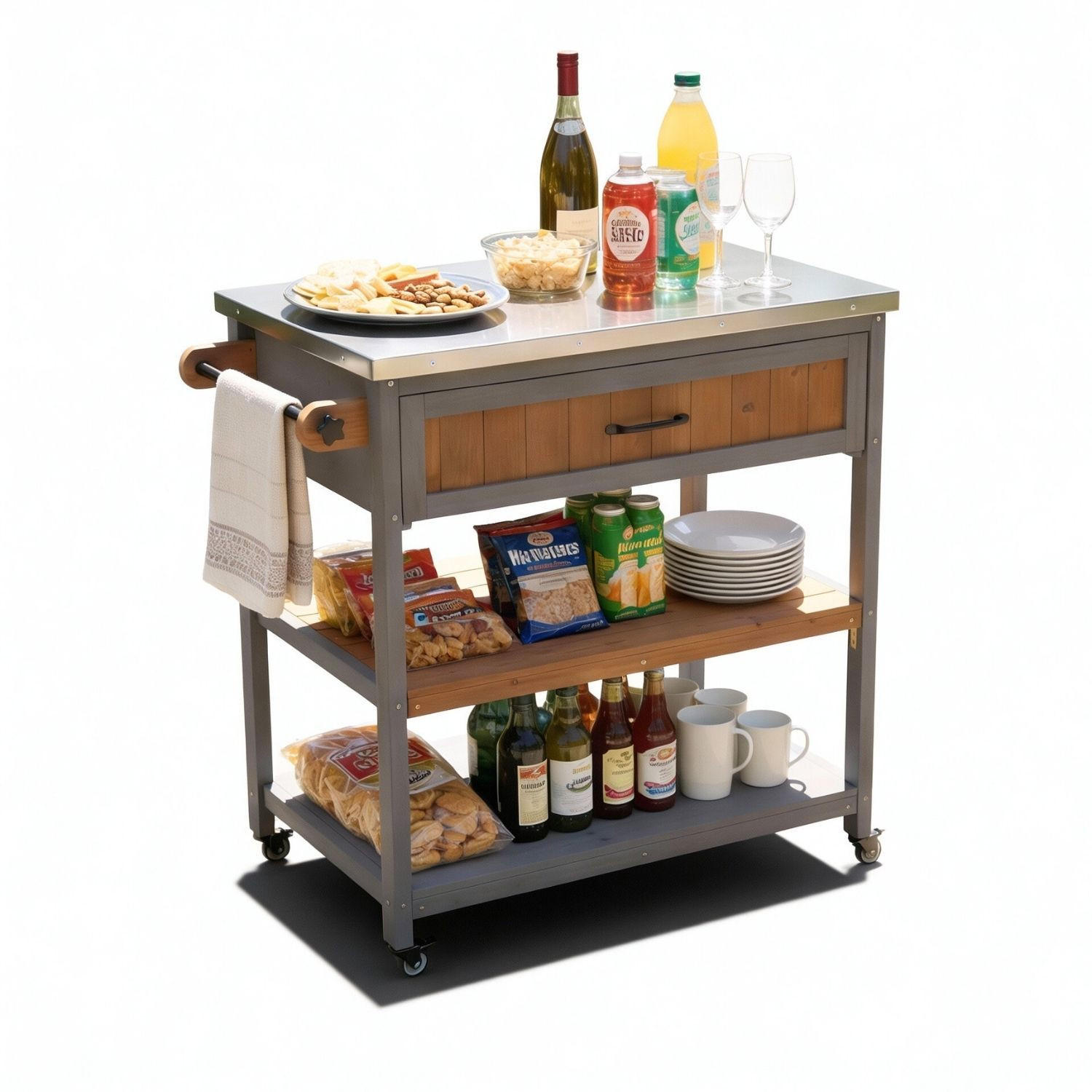 SERVIERWAGEN JAMES mit Rollen Outdoor 82/53/92 cm Farbe Grau - Grau, Holz (53/92/82cm) - Coemo