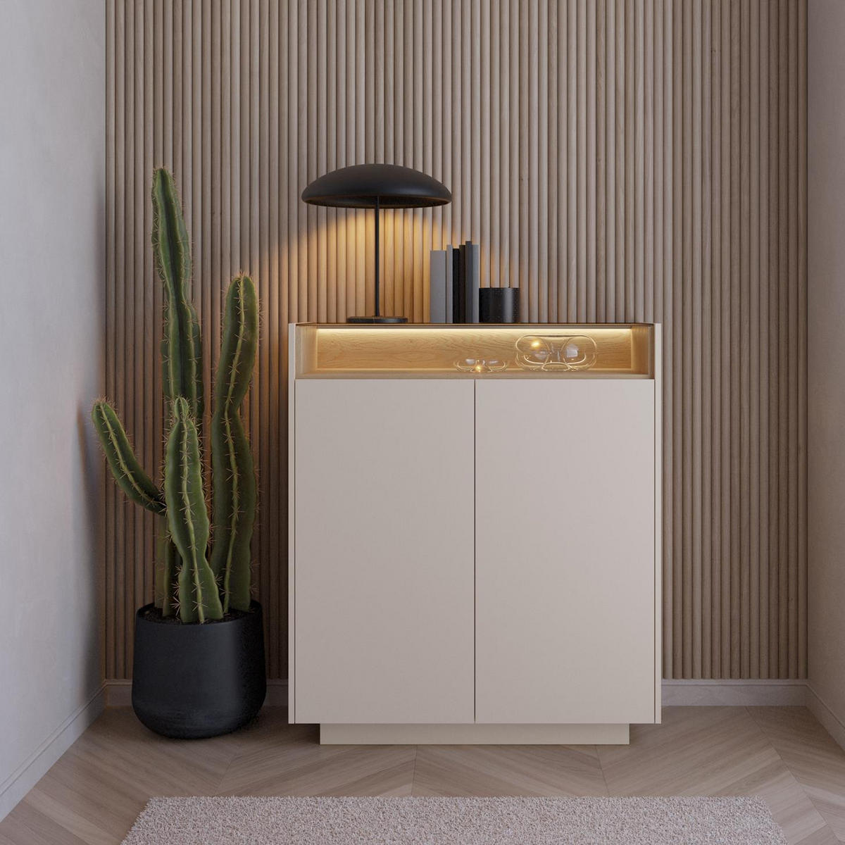 HIGHBOARD Kiro Beige, Hochkommode mit LED - Beige, Holzwerkstoff (103/119/40cm) - Bettso