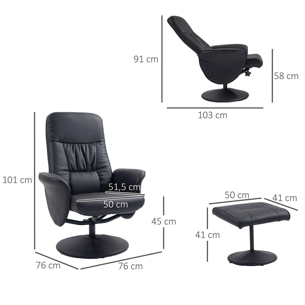 RELAXSESSEL, Kunstleder, Schwarz - Schwarz, Metall (81/101/76cm) - HOMCOM