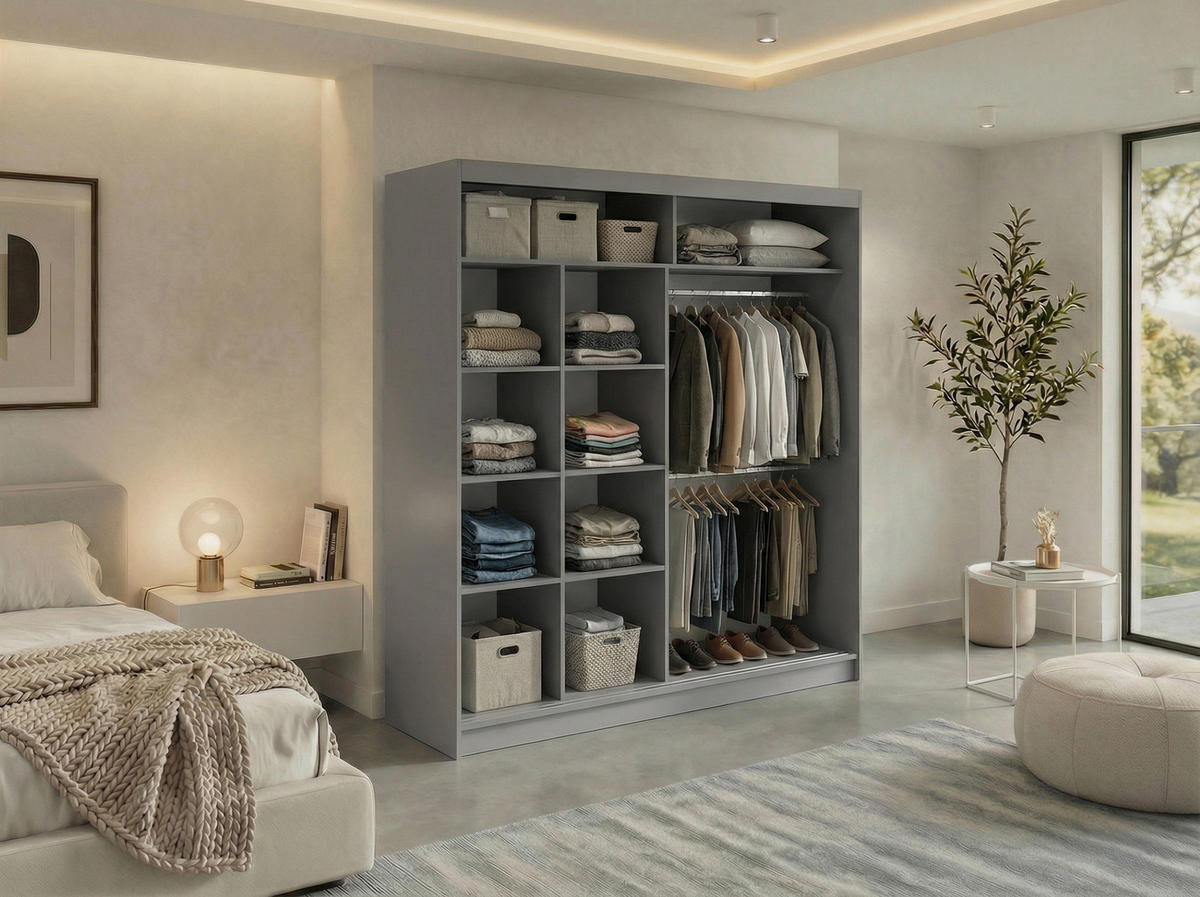 SCHWEBETÜRENSCHRANK mit Lamellen LUMOS - 200 - Grau und Weiß - Alufarben/Weiß, Holzwerkstoff/Metall (200/216/61cm) - MKS