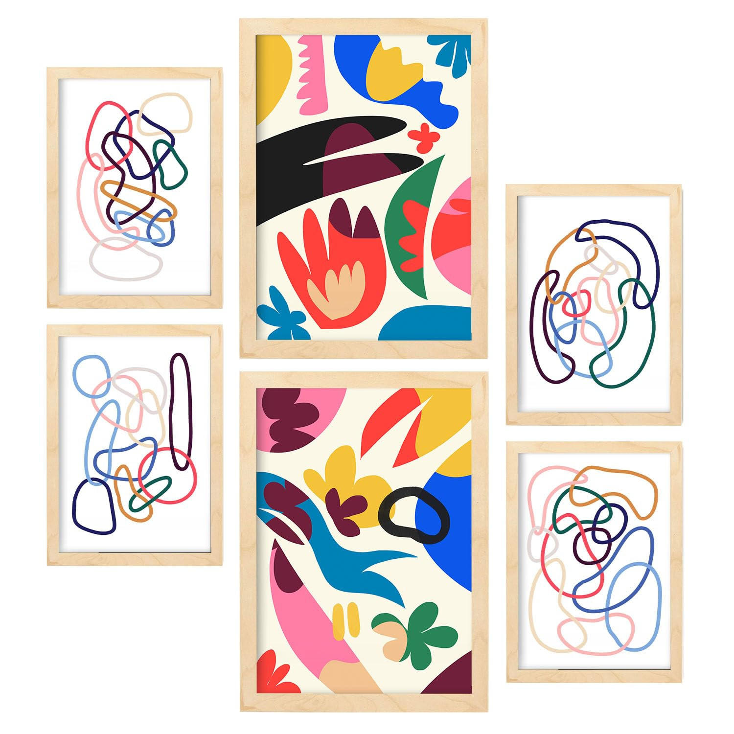 POSTER Set Mit 6 Inhaltsstriche In Blume Zusammenfassung A3 & A4 Rahmen Aus Hellem Holz - Beige, Papier (29/3cm) - Nacnic