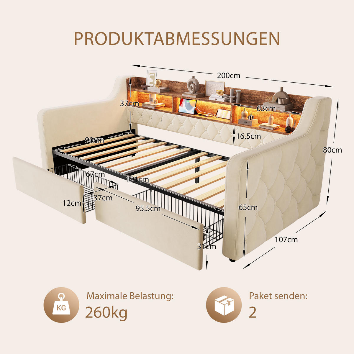TAGESBETT 90/190 mit Schubladen & Regal, USB-C Ladeanschlüsse/LED, Samt, Beige - Beige, Holz (90/190cm) - LVHOM