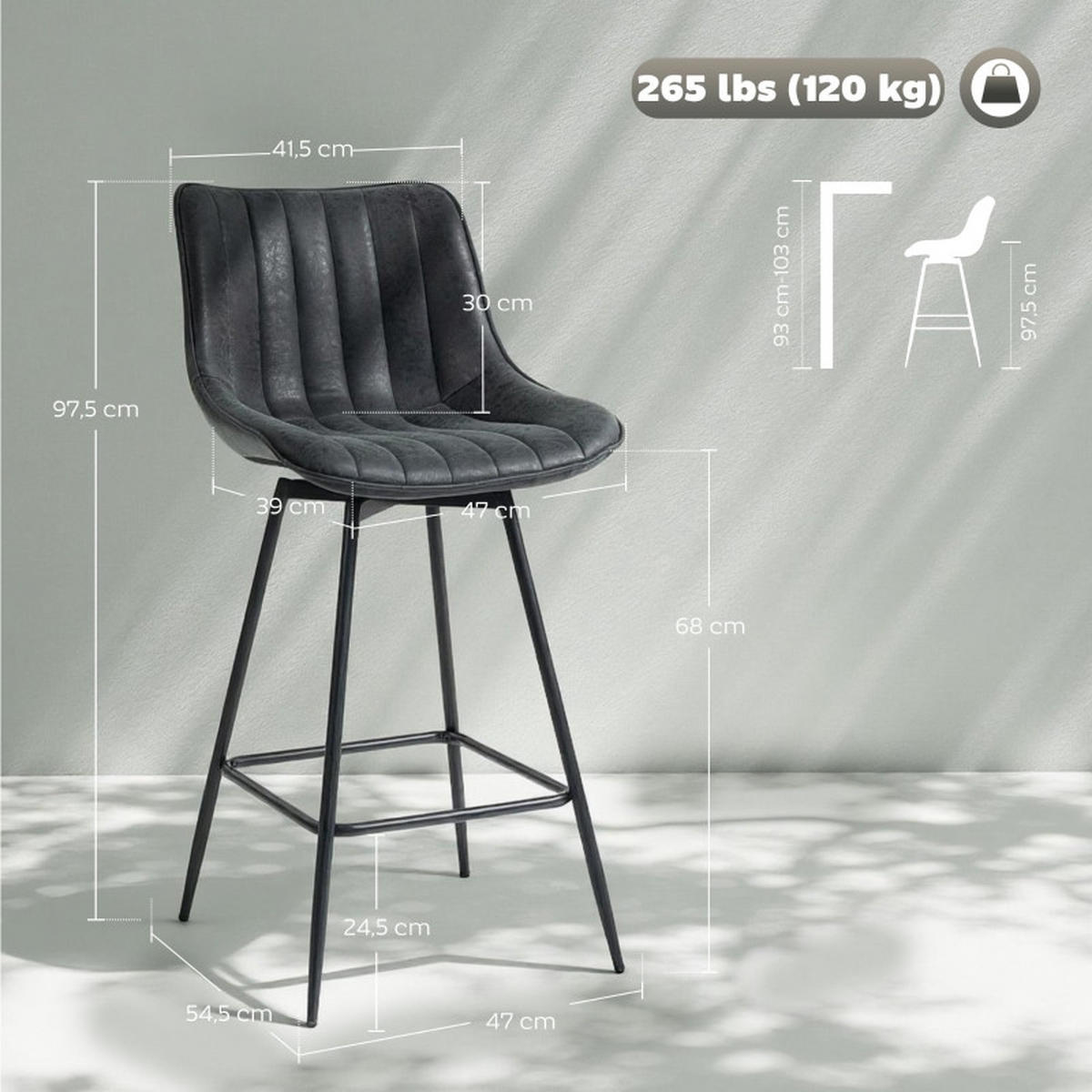 BARHOCKER DE-36069 2er Set drehbar mit Lederoptik Schwarz - Schwarz, Metall (47/97.5/54.5cm) - ComfortXL
