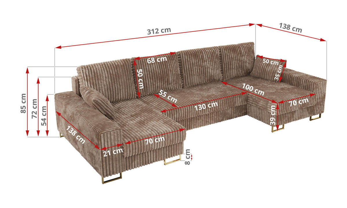 WOHNLANDSCHAFT DORIAN U Cord Braun - Goldfarben/Braun, Textil/Metall (312/85/138cm) - MKS