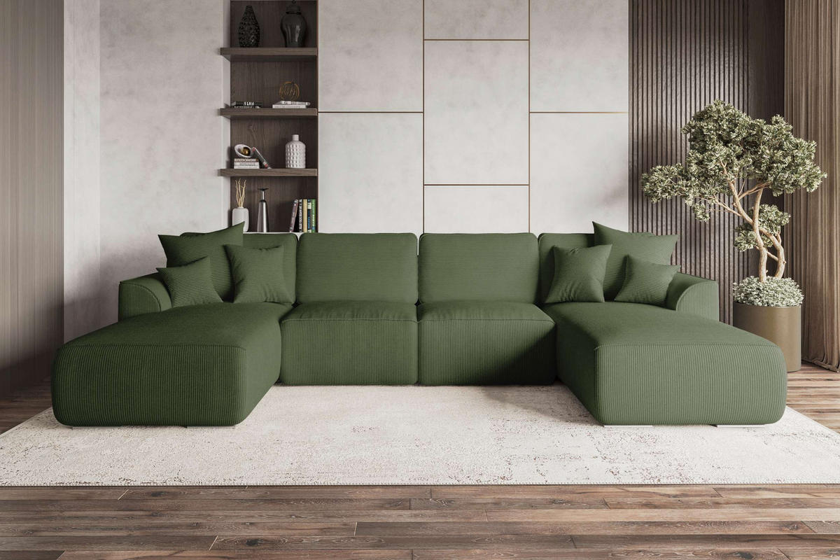 WOHNLANDSCHAFT Gusto Cordstoff Olivgrün inkl. Schlaffunktion - Chromfarben/Olivgrün, Kunststoff/Textil (306/96/194cm) - 99rooms