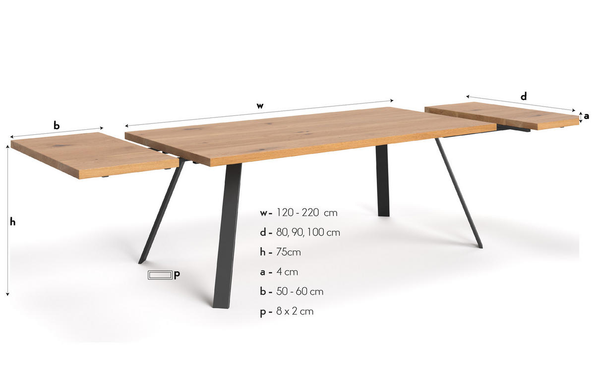 TISCH Ausziehbar Lige aus massivem Eichenholz 160x100 cm + Tischverlängerungen 2x50 cm - Eichefarben/Schwarz, Holz/Metall (160/100/75cm) - Danzz