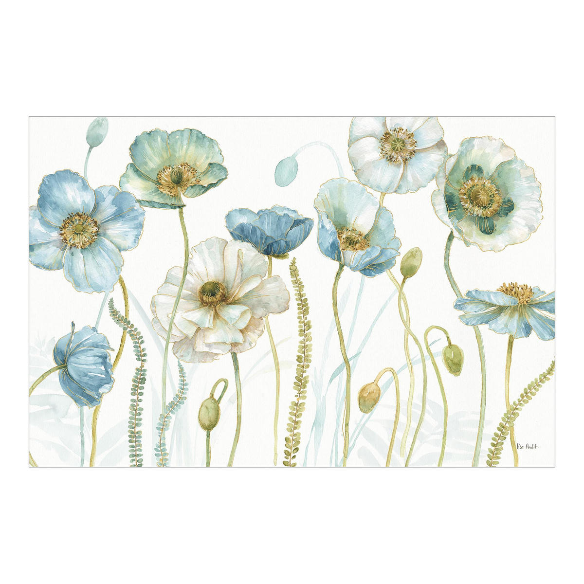 FOTOTAPETE Blüten in Gold und Blau 384/255 cm - Pastellblau, Papier (384/255cm) - Bilderwelten