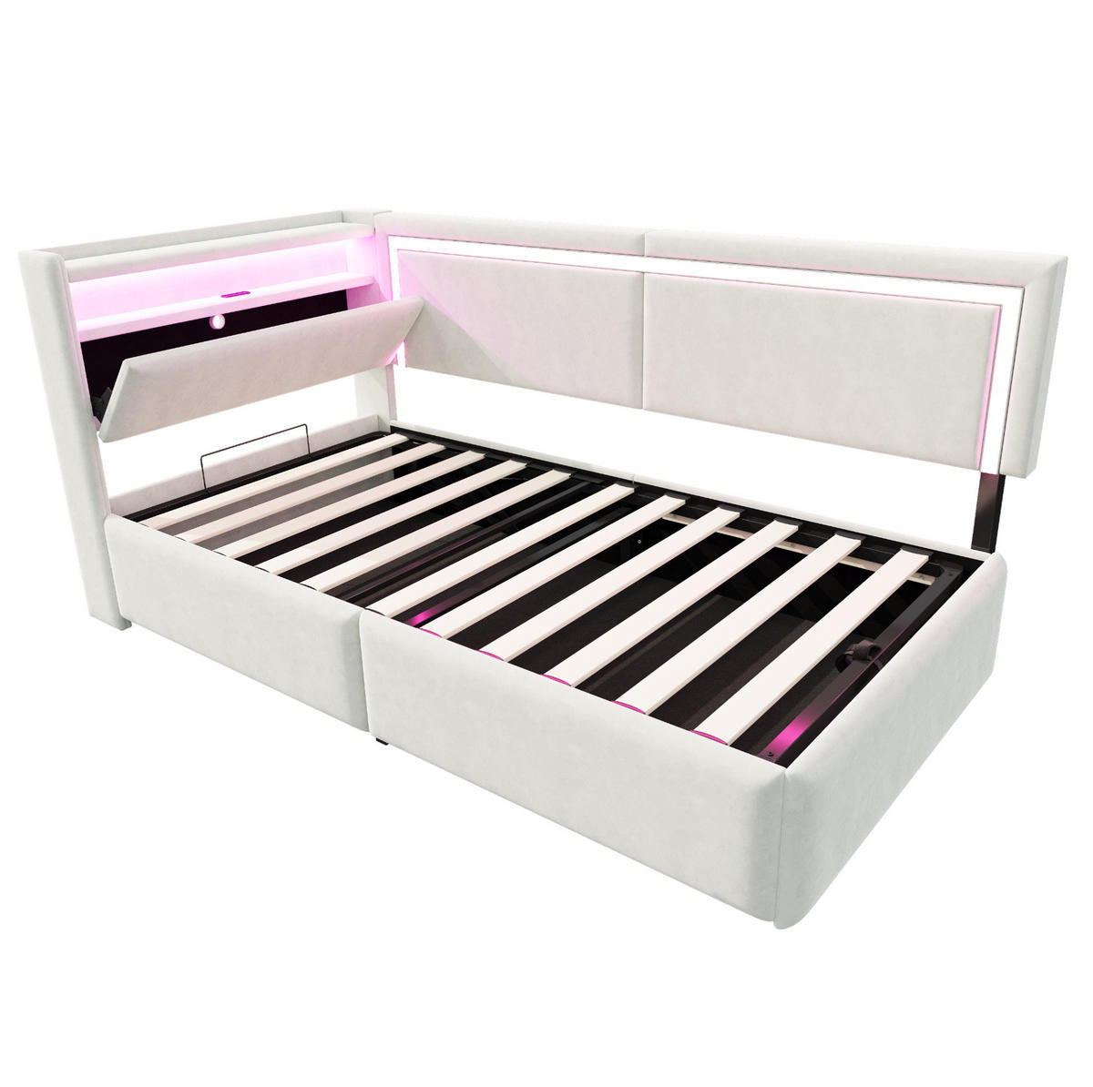 POLSTERBETT Schlafsofa 90/200 cm mit LED-Beleuchtung, USB-Anschluss, Bettkasten und Samtbezug, Beige - Beige, Textil (90/200cm) - Redom