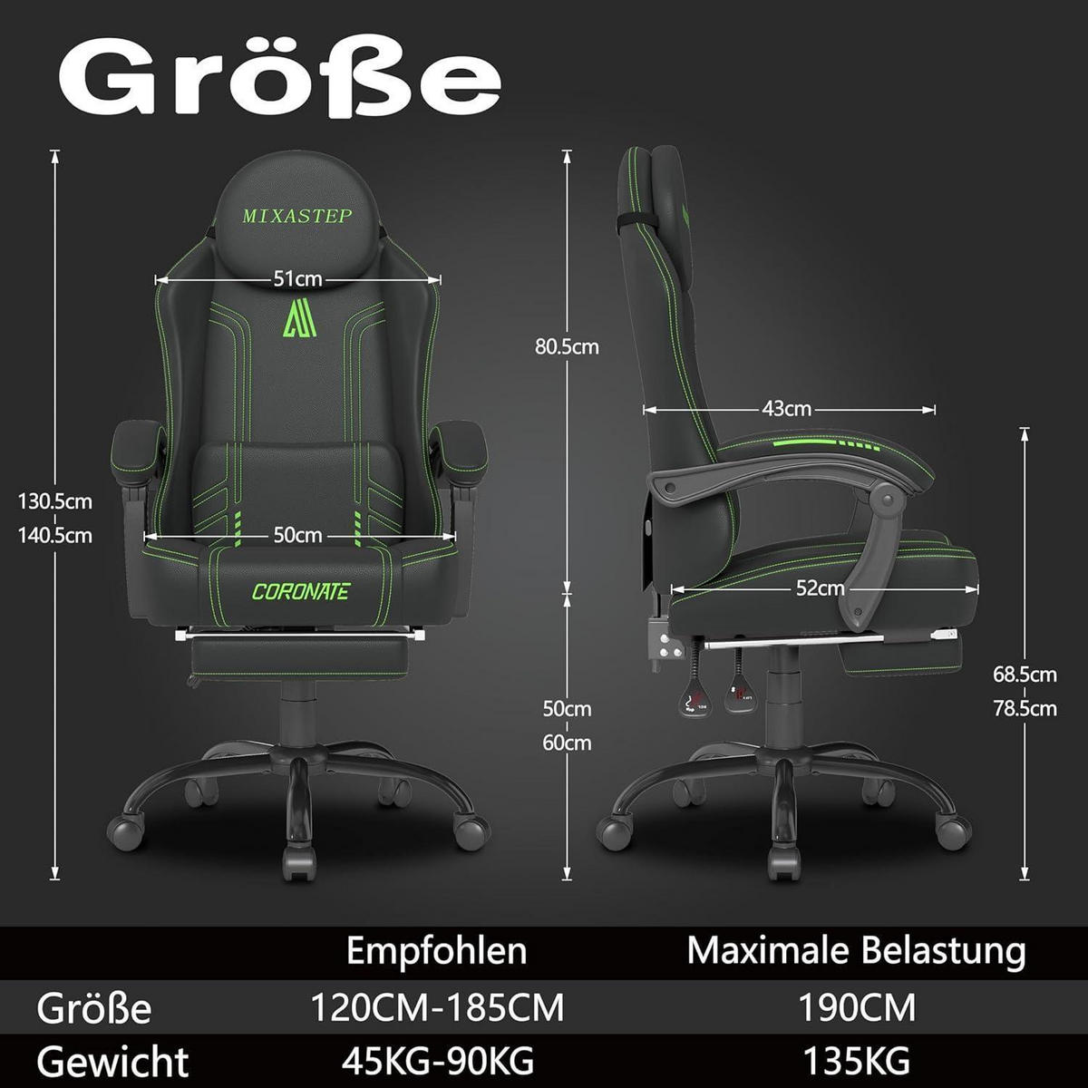 GAMING Stuhl Ergonomisch mit Verstellbarer Rückenlehne Grün - Multicolor, Kunststoff (50/128/52cm)