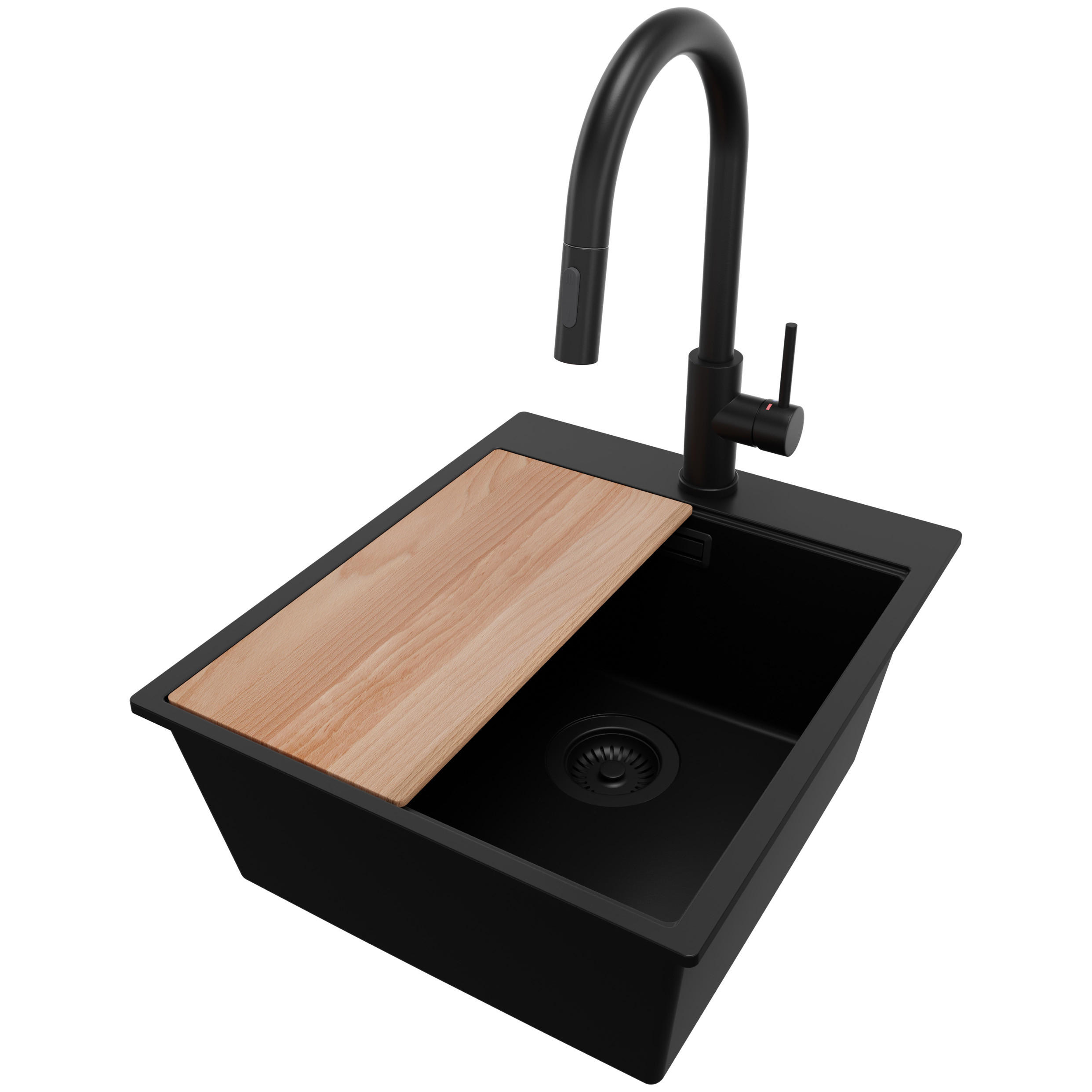 GRANITSPÜLE Oslo, 2-er set Alles Schwarz 43/50 cm 1 Becken + Küchenarmatur 40/20 cm + Ablauf-Set + Schneidebrett ab 45er Unterschrank - Beige/Schwarz, Kunststoff (43/20/50cm) - Primagran