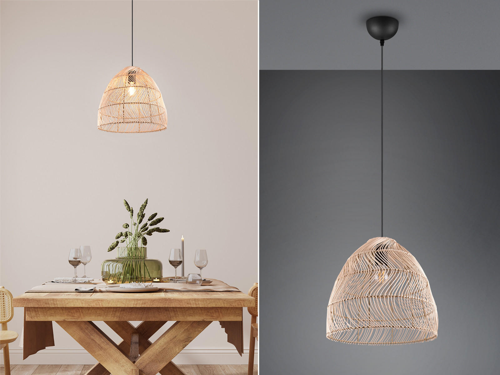 HÄNGELEUCHTE Korbgeflecht aus Rattan, Ø35cm - Schwarz/Naturfarben, Naturmaterialien/Metall (35/35/150cm) - meineWunschleuchte